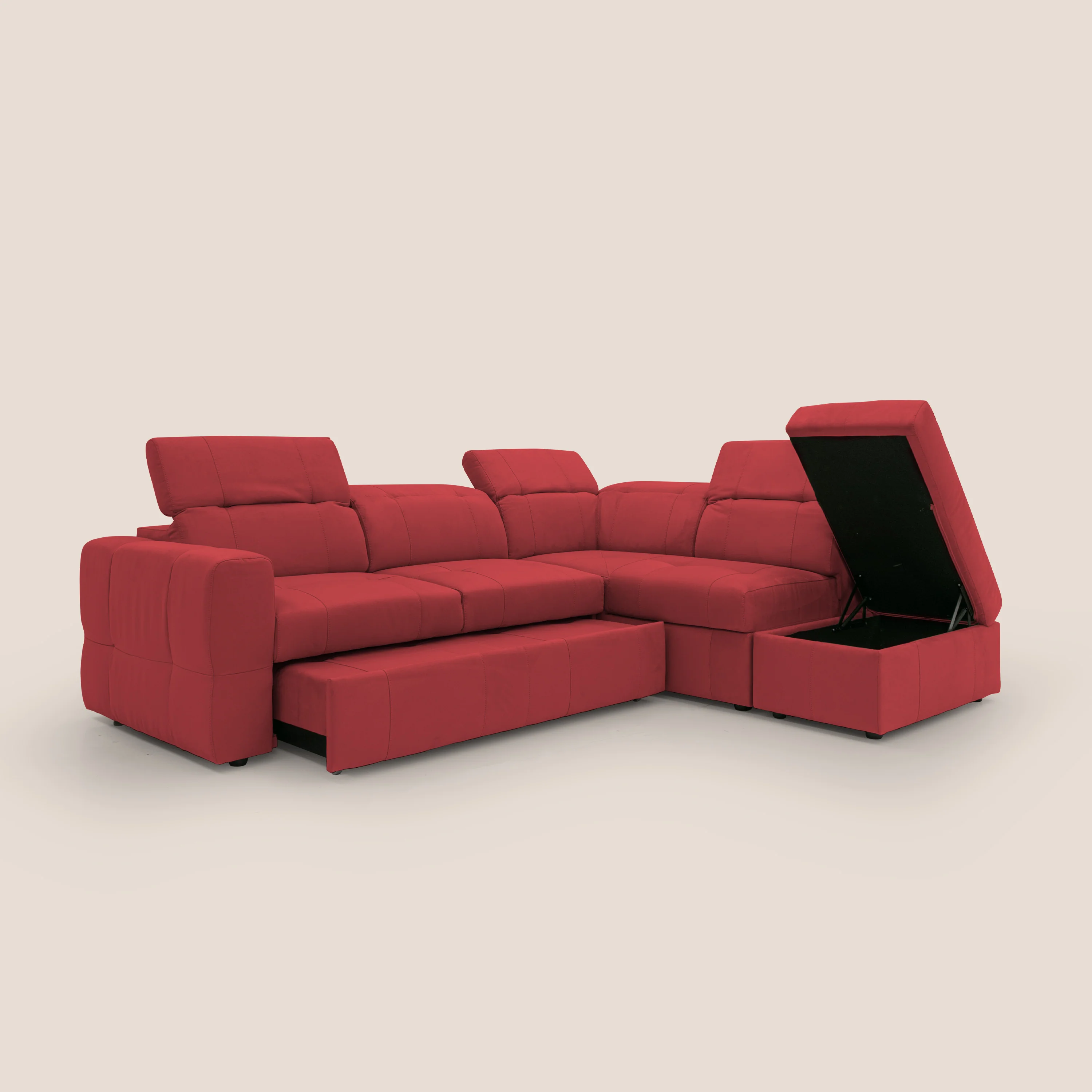 Kronos Canapé d'angle avec extractible et pouf coffre en micorfibre imperméable T11 rouge - Image 7