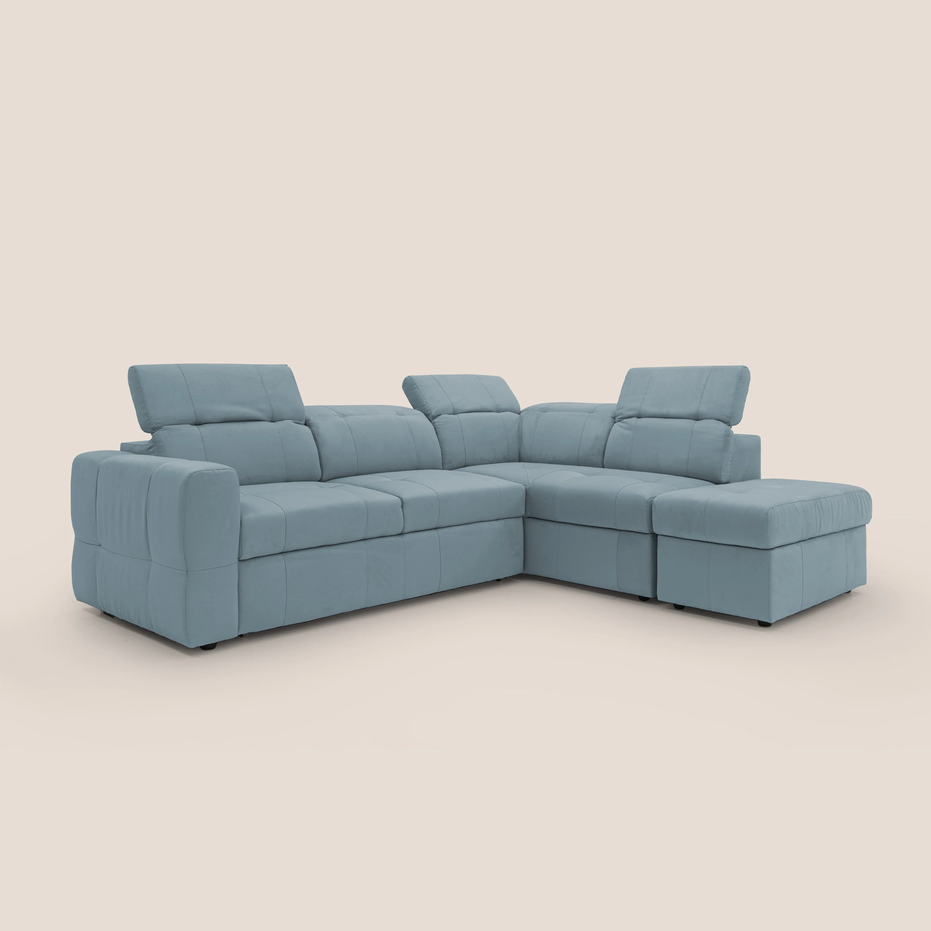 Kronos Canapé d'angle avec extractible et pouf coffre en micorfibre imperméable T11 sucre glace - Image 10