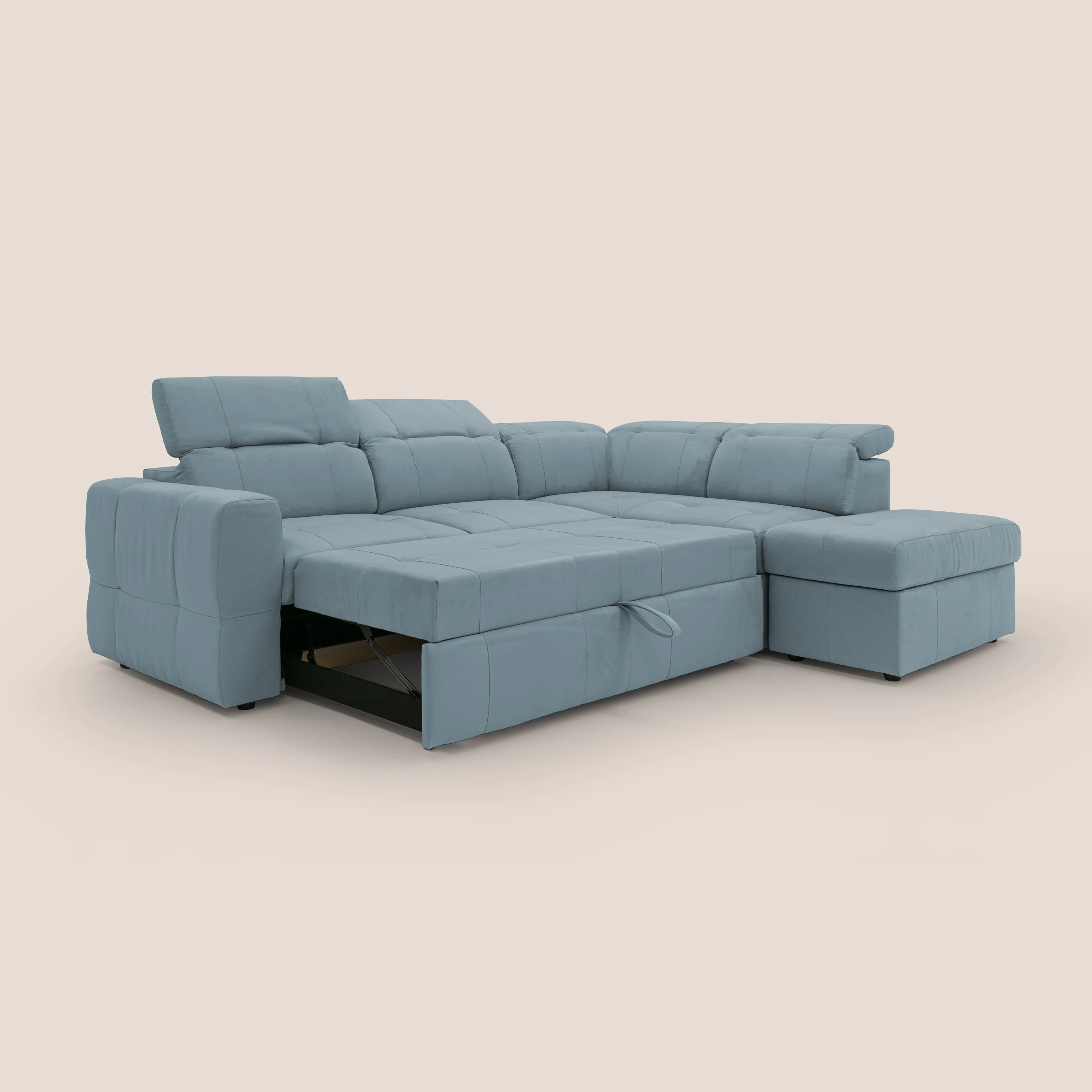 Kronos Canapé d'angle avec extractible et pouf coffre en micorfibre imperméable T11 sucre glace - Image 12