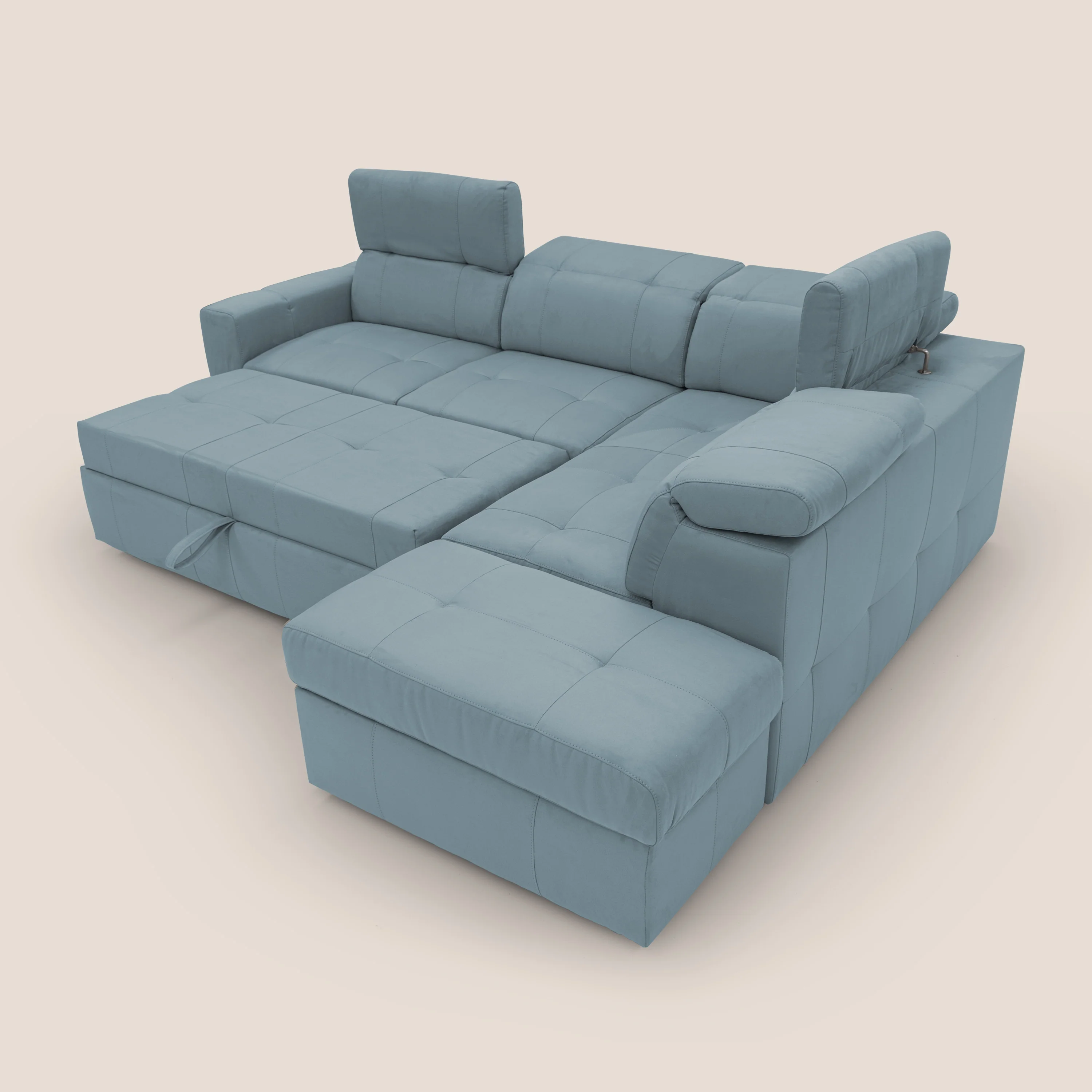 Kronos Canapé d'angle avec extractible et pouf coffre en micorfibre imperméable T11 sucre glace - Image 13