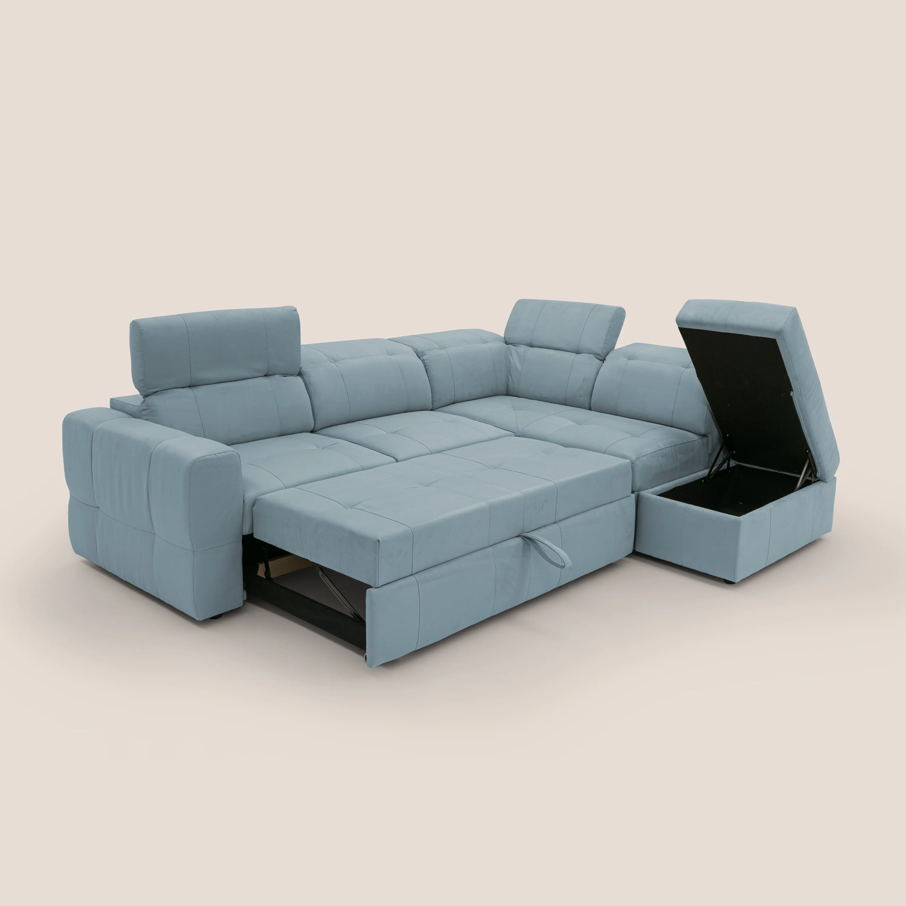 Kronos Canapé d'angle avec extractible et pouf coffre en micorfibre imperméable T11 sucre glace - Image 2