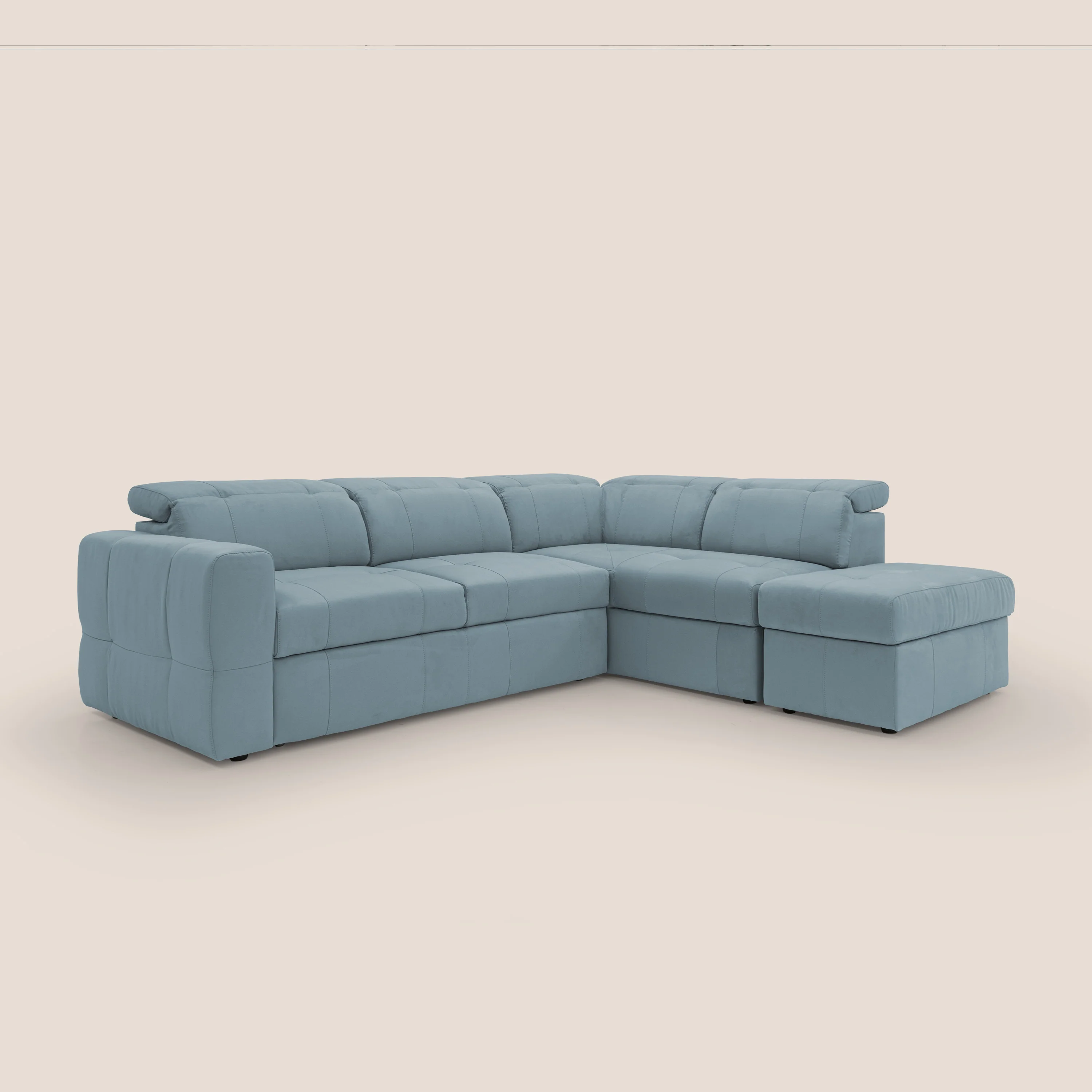 Kronos Canapé d'angle avec extractible et pouf coffre en micorfibre imperméable T11 sucre glace - Image 4