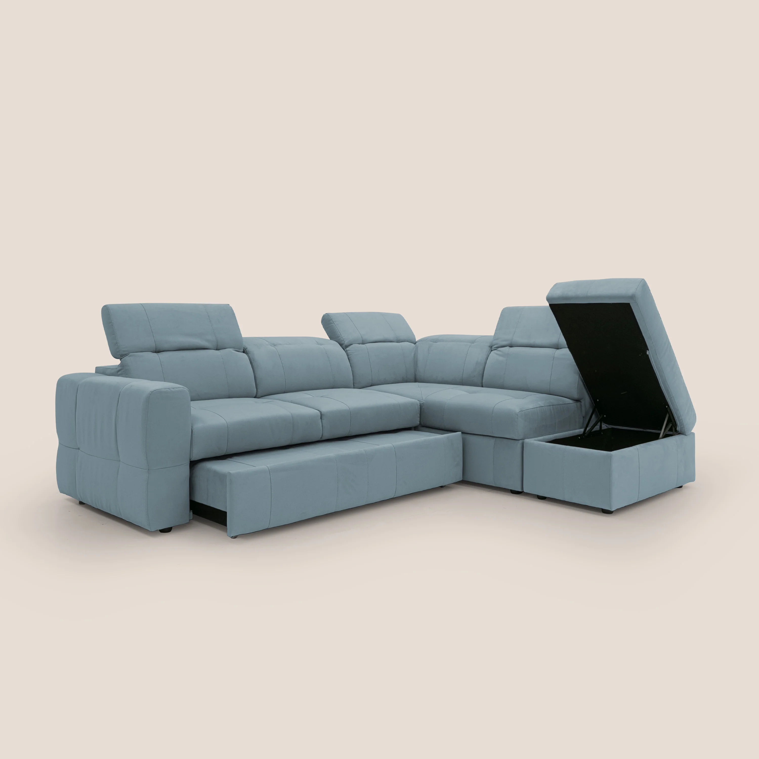 Kronos Canapé d'angle avec extractible et pouf coffre en micorfibre imperméable T11 sucre glace - Image 7