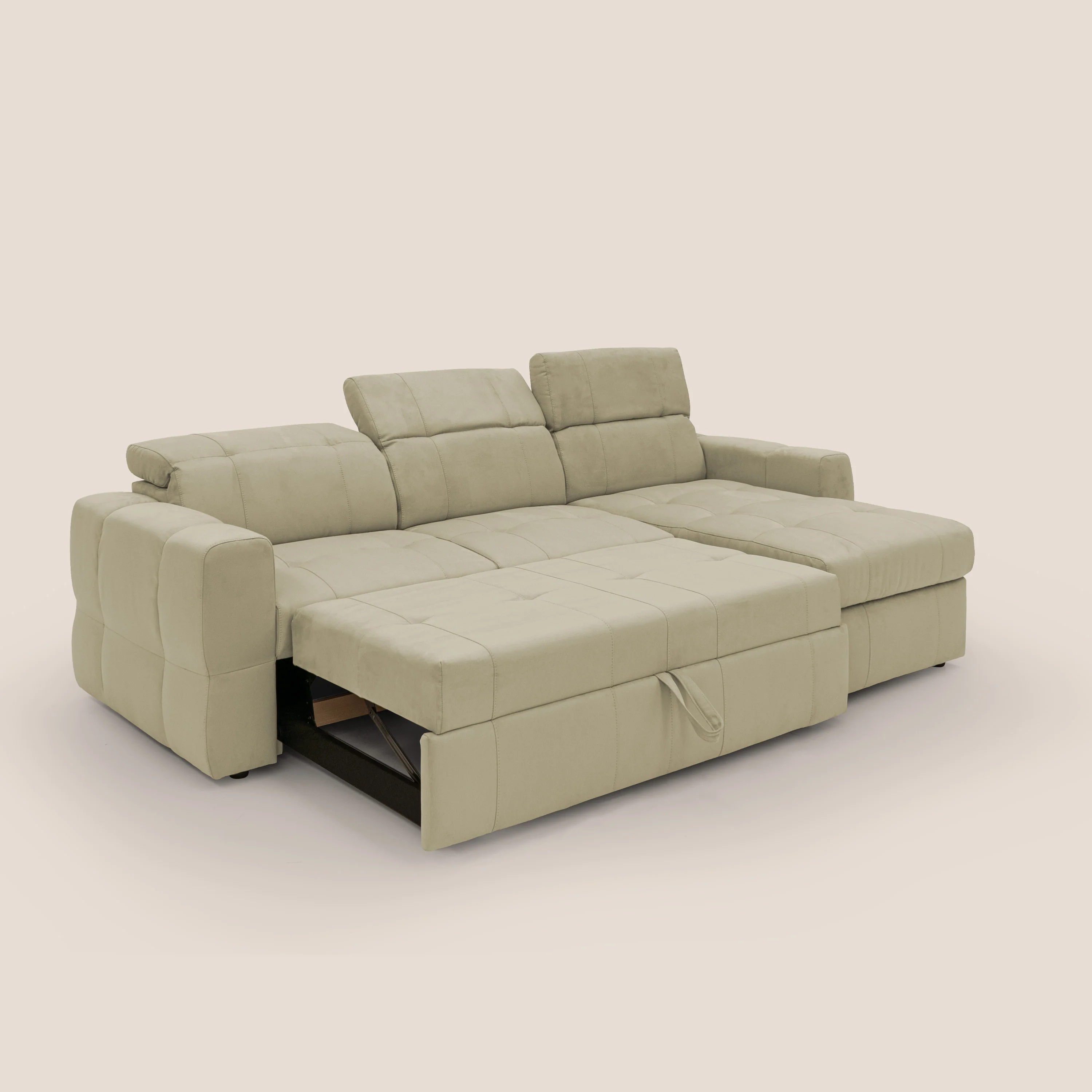 Kronos Canapé d'angle avec pouf extractible et coffre de rangement en microfibre imperméable T11 beige - Image 2