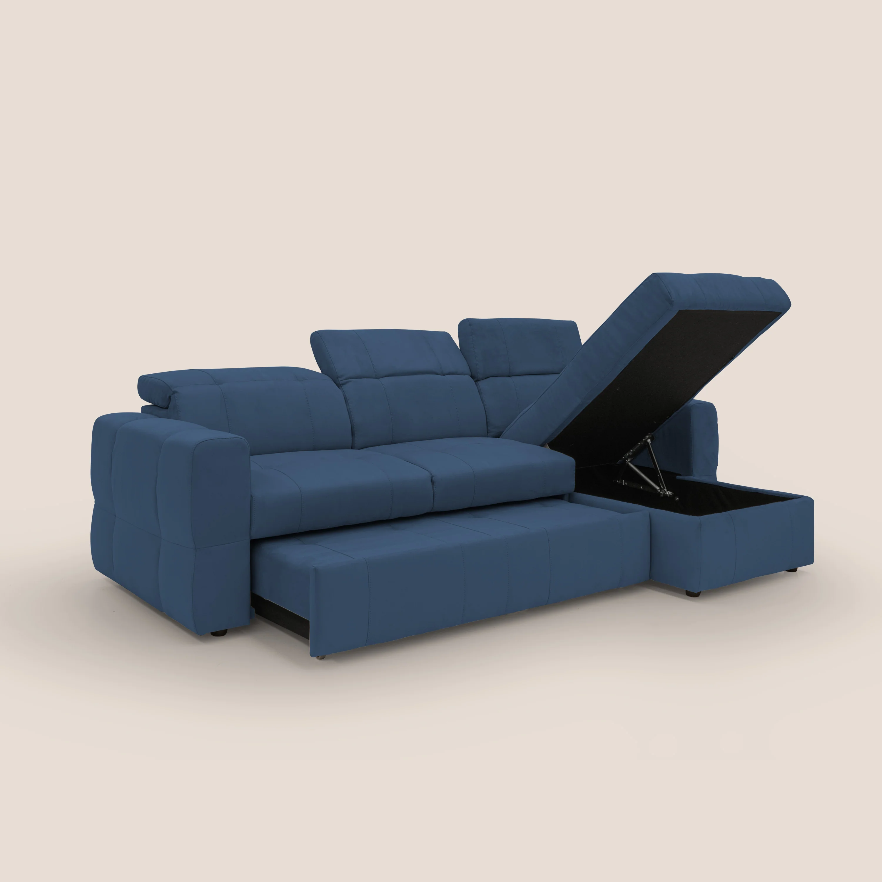 Kronos Canapé d'angle avec pouf extractible et coffre de rangement en microfibre imperméable T11 bleu - Image 4