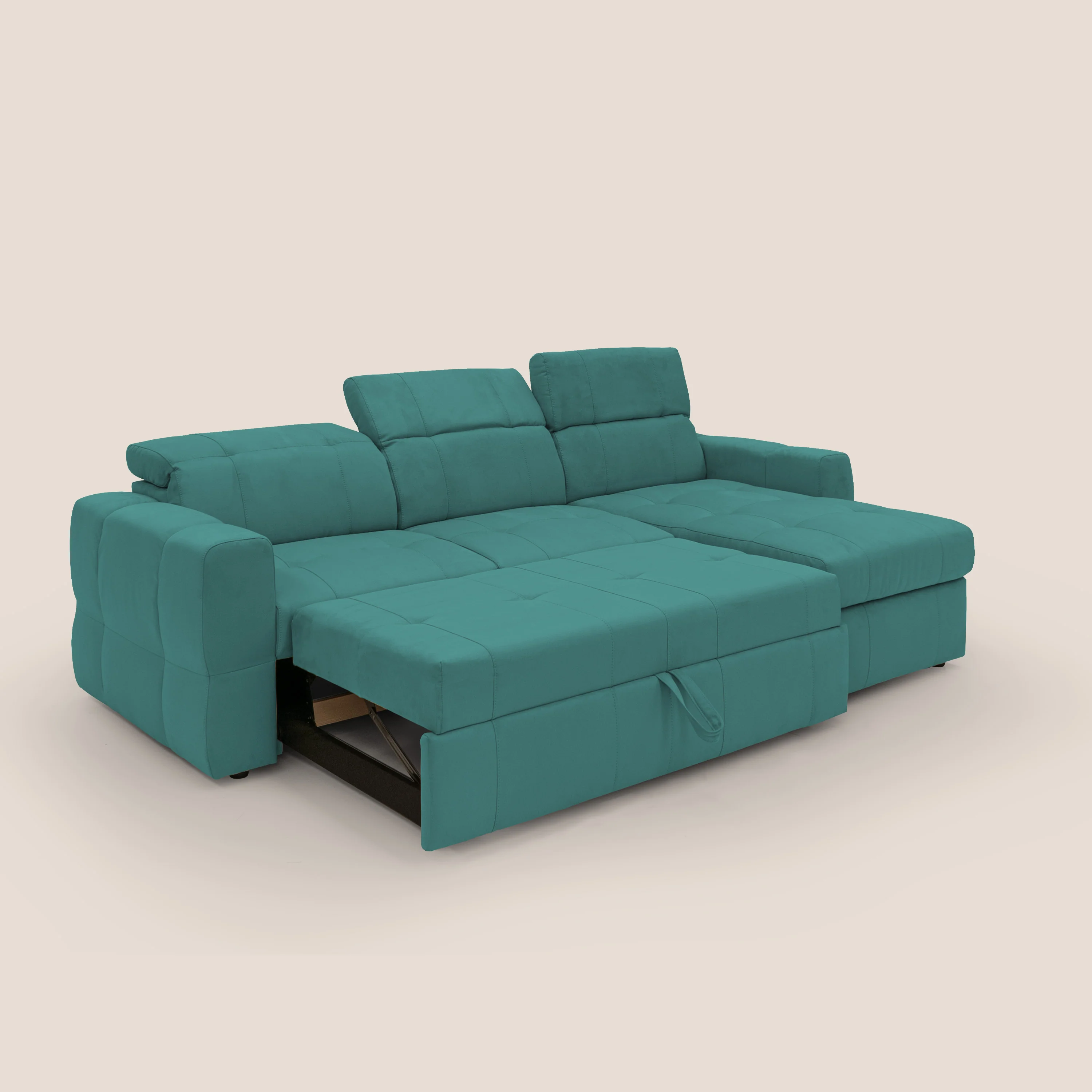 Kronos Canapé d'angle avec pouf extractible et coffre de rangement en microfibre imperméable T11 bleu canard - Image 2