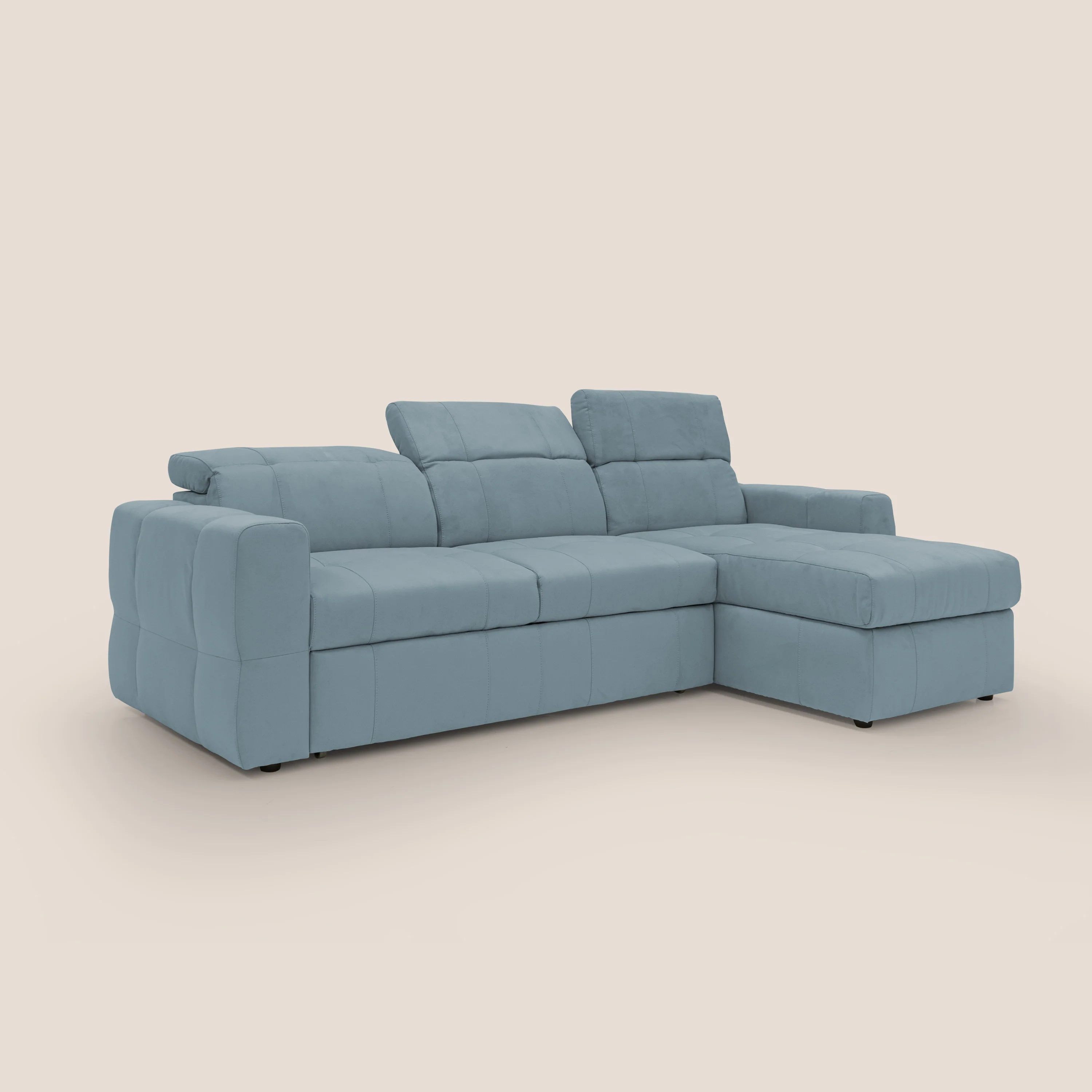 Kronos Canapé d'angle avec pouf extractible et coffre de rangement en microfibre imperméable T11 bleu pastel - Image 3