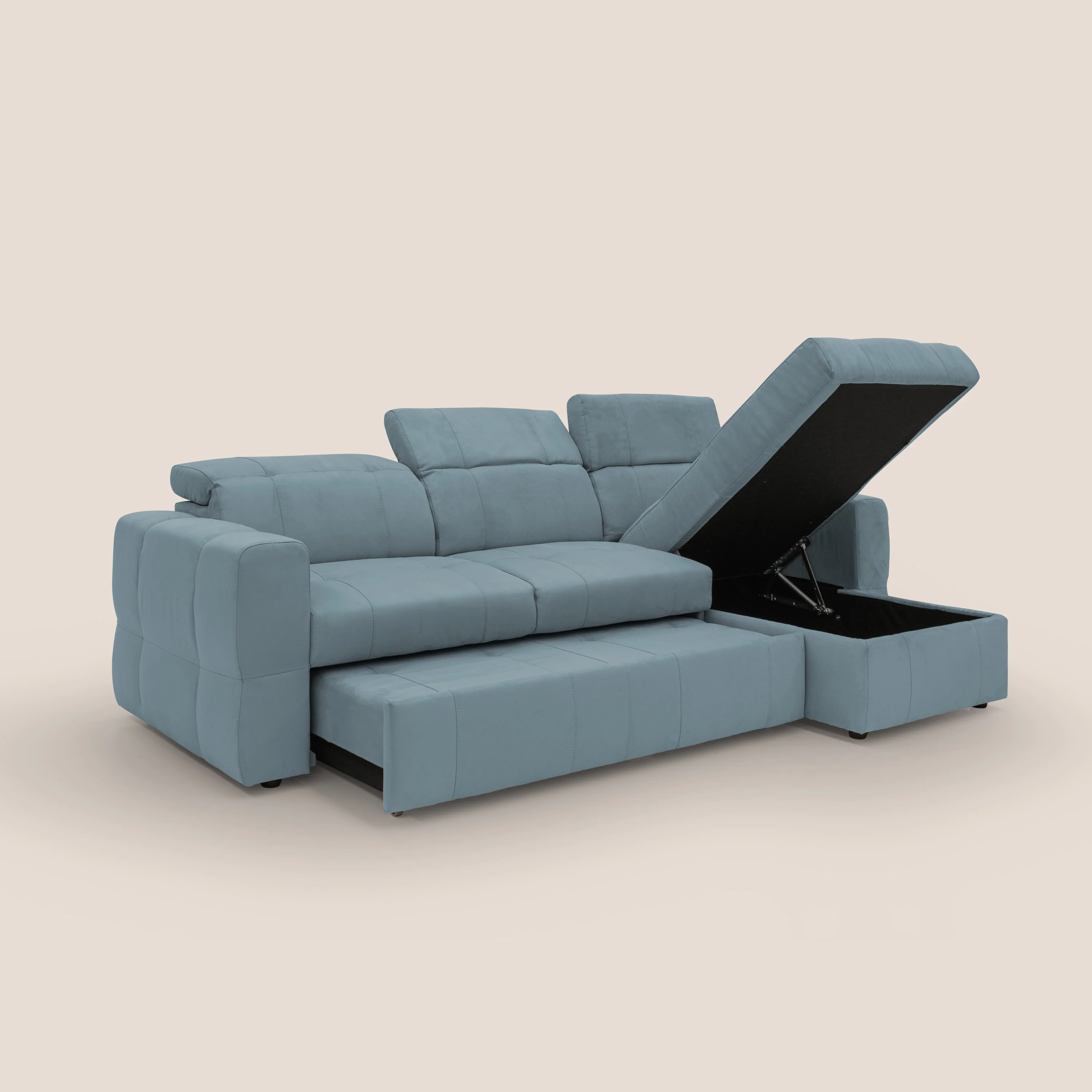 Kronos Canapé d'angle avec pouf extractible et coffre de rangement en microfibre imperméable T11 bleu pastel - Image 4