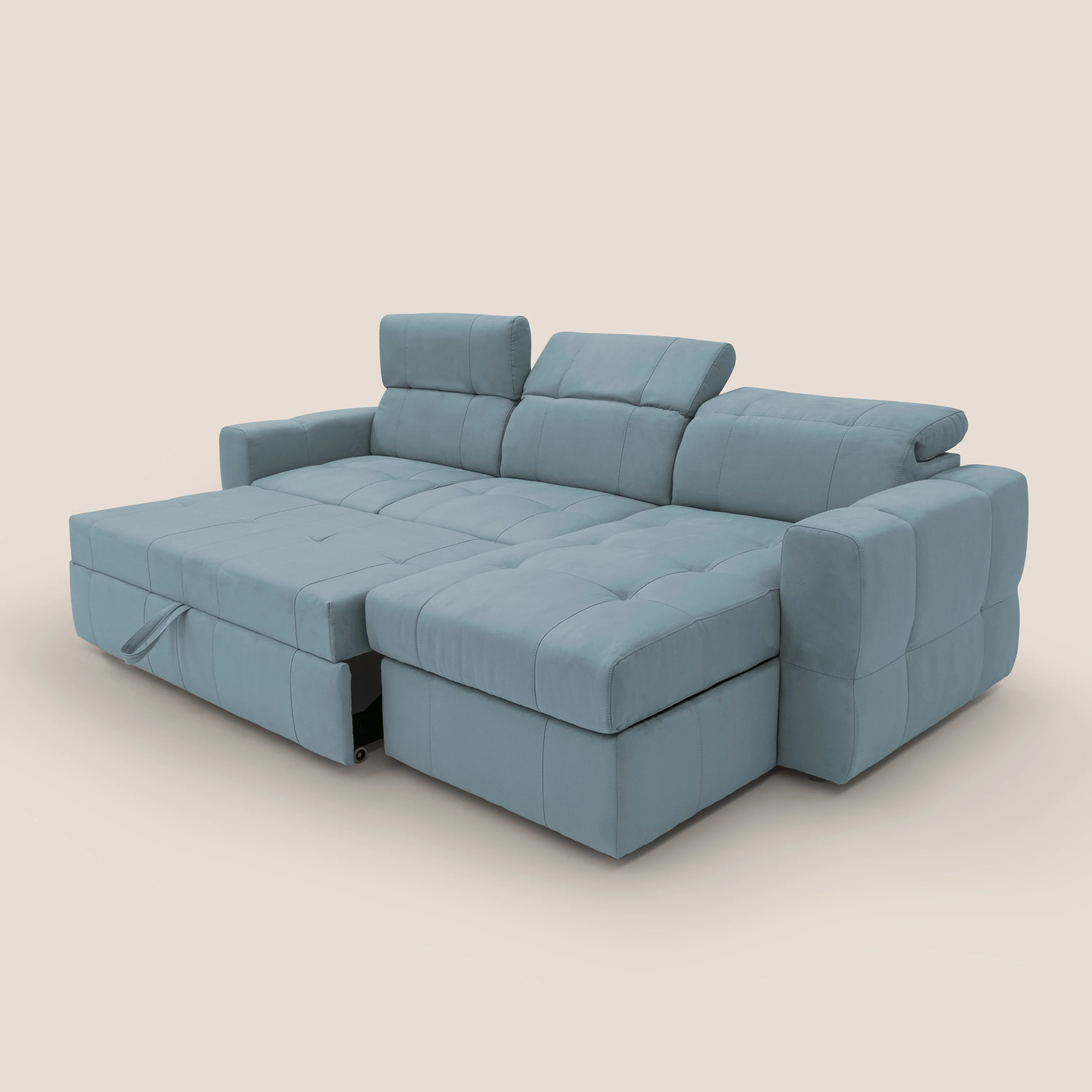 Kronos Canapé d'angle avec pouf extractible et coffre de rangement en microfibre imperméable T11 bleu pastel - Image 7