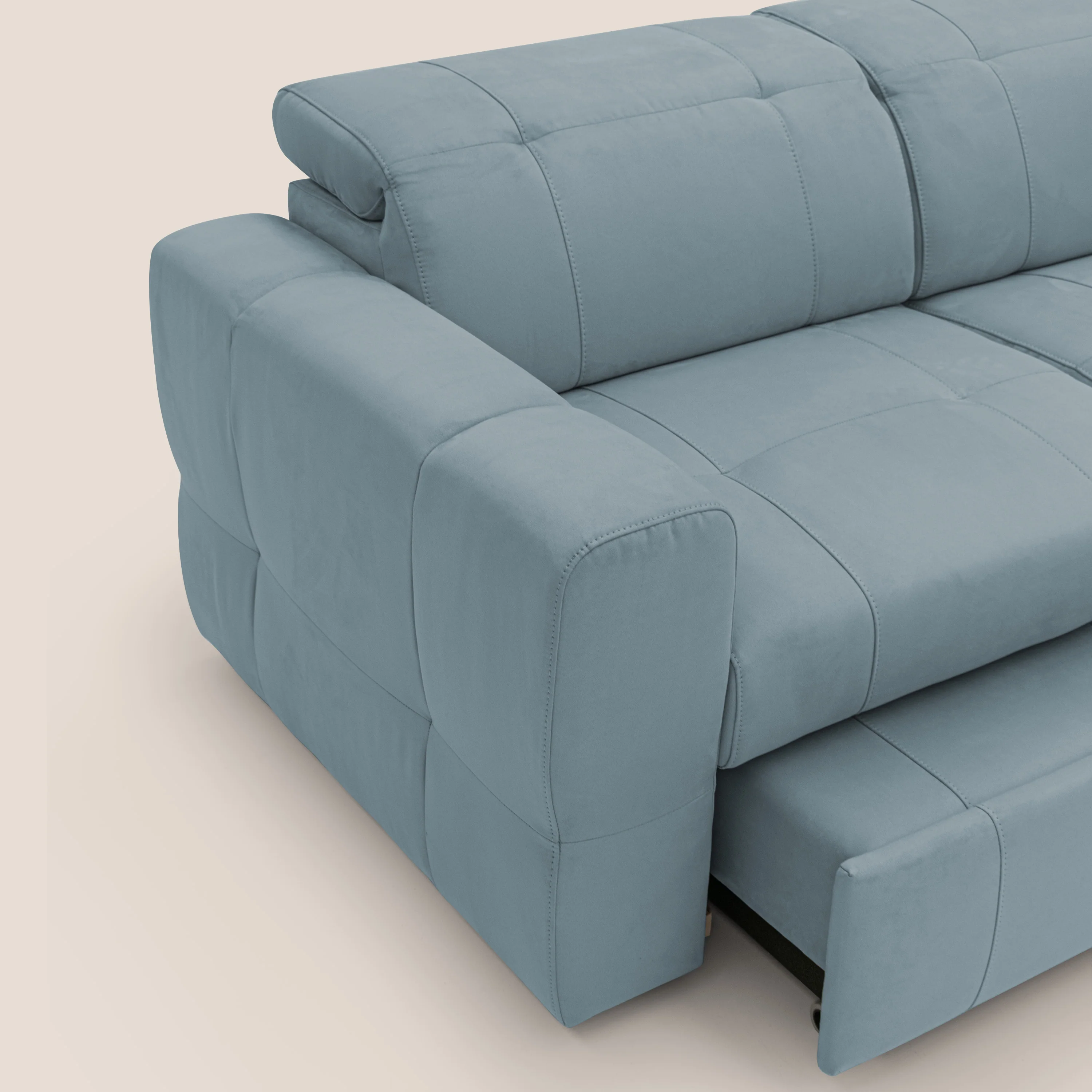 Kronos Canapé d'angle avec pouf extractible et coffre de rangement en microfibre imperméable T11 bleu pastel - Image 8