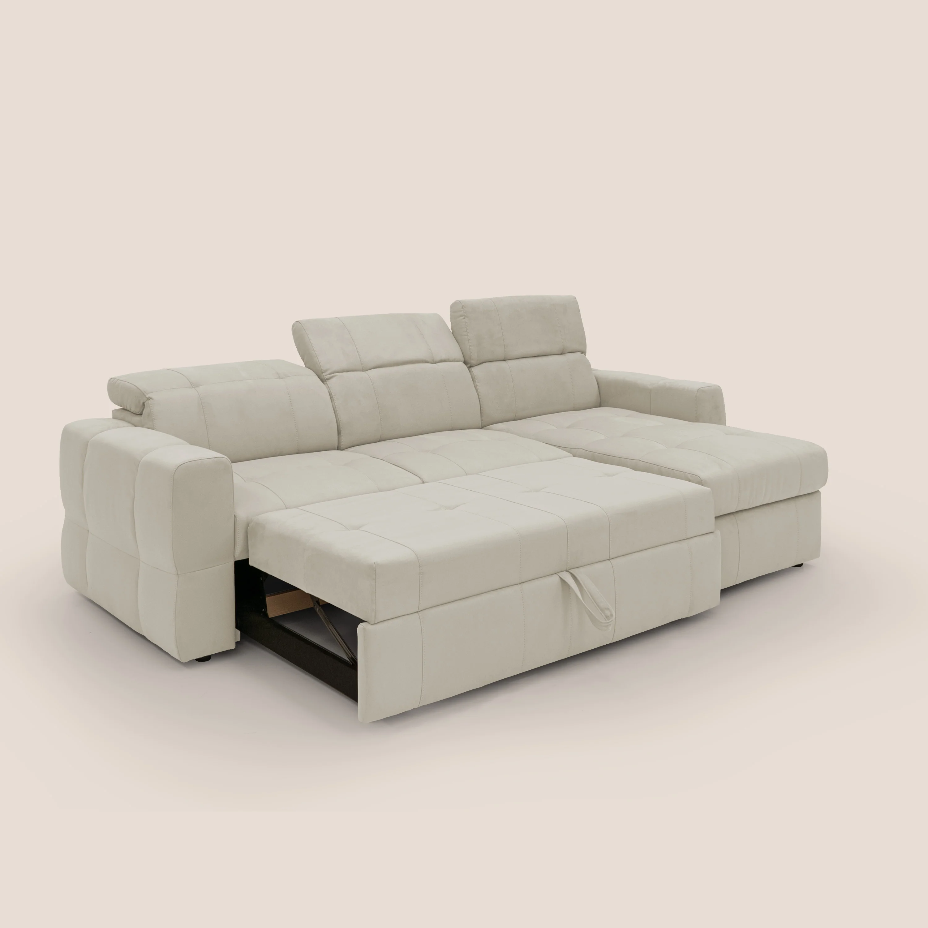 Kronos Canapé d'angle avec pouf extractible et coffre de rangement en microfibre imperméable T11 crème - Image 2