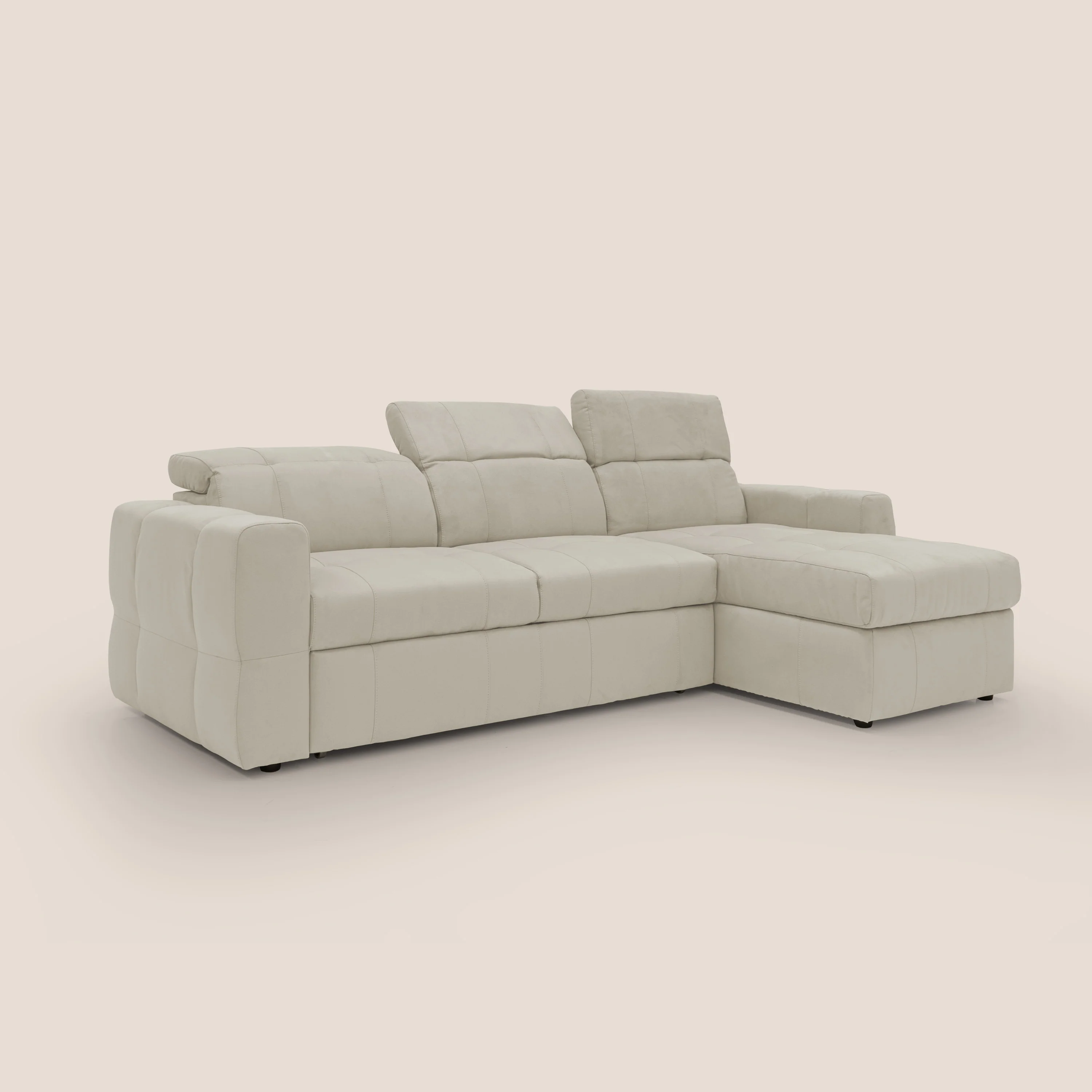 Kronos Canapé d'angle avec pouf extractible et coffre de rangement en microfibre imperméable T11 crème - Image 3