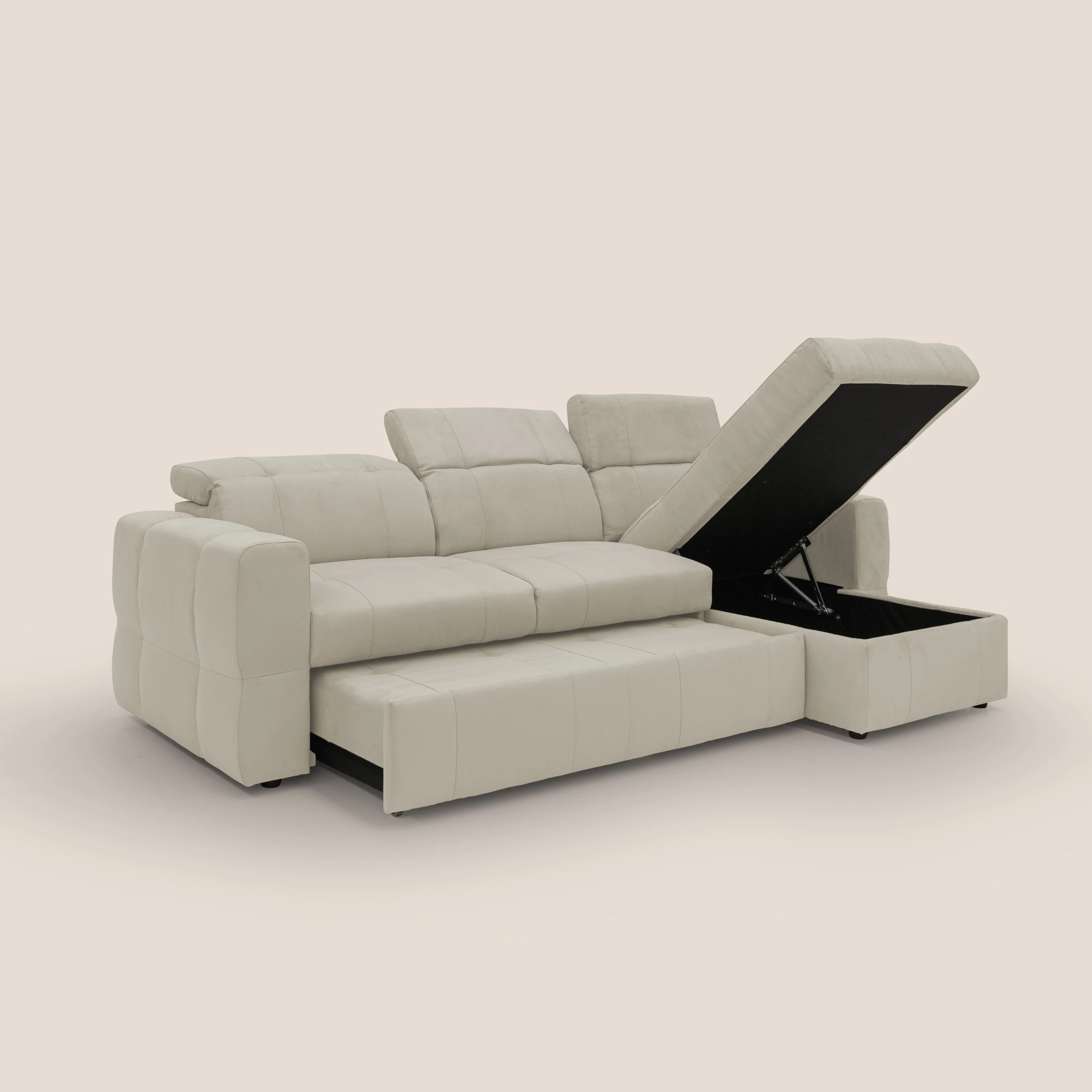 Kronos Canapé d'angle avec pouf extractible et coffre de rangement en microfibre imperméable T11 crème - Image 4