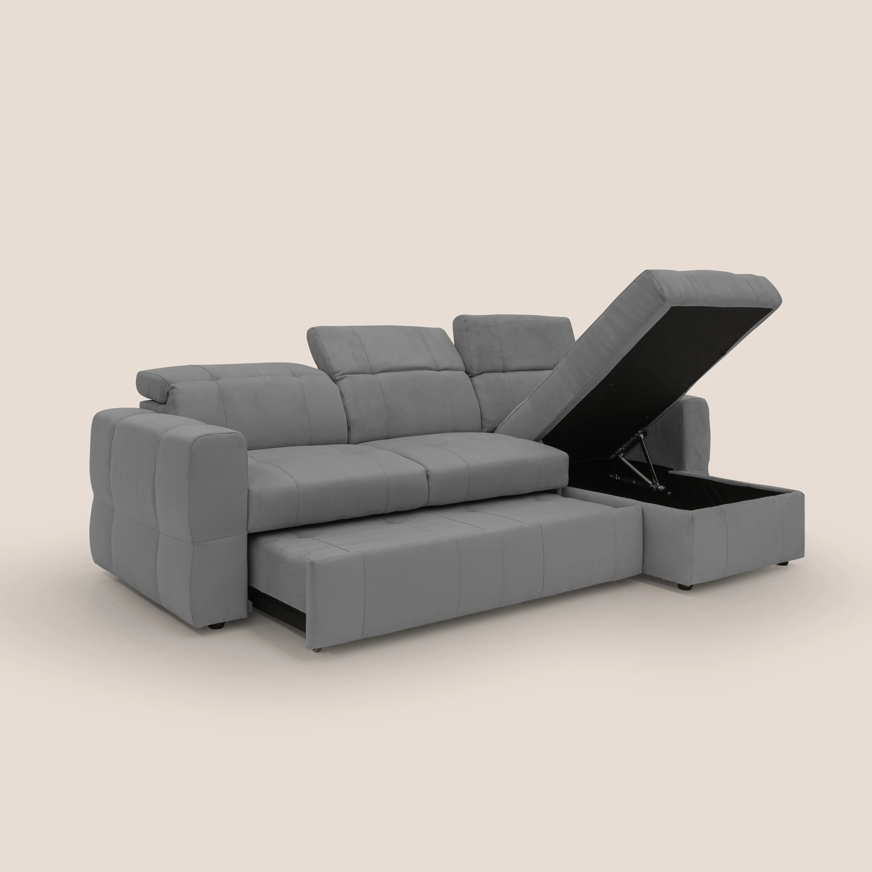 Kronos Canapé d'angle avec pouf extractible et coffre de rangement en microfibre imperméable T11 gris - Image 4