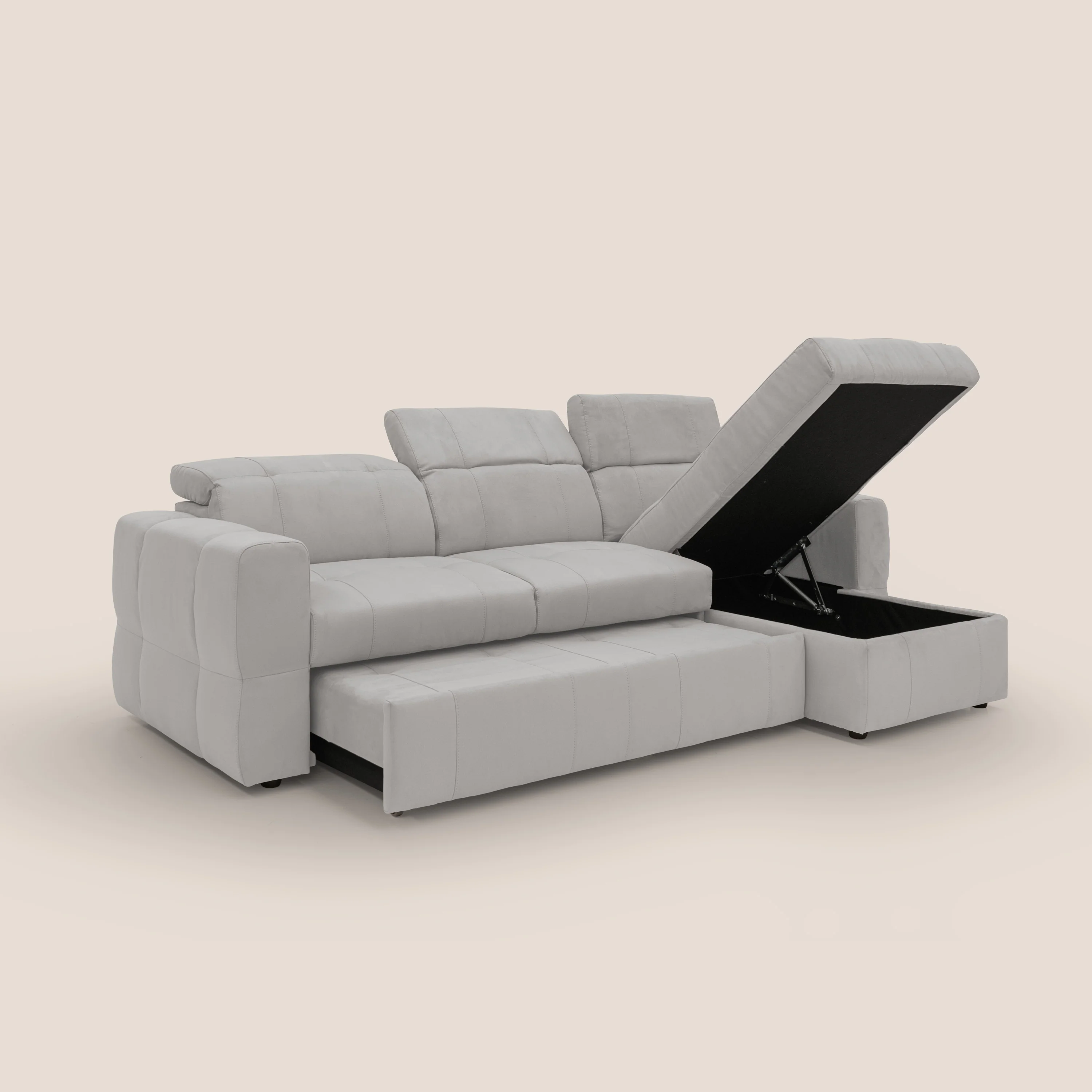 Kronos Canapé d'angle avec pouf extractible et coffre de rangement en microfibre imperméable T11 gris clair - Image 4