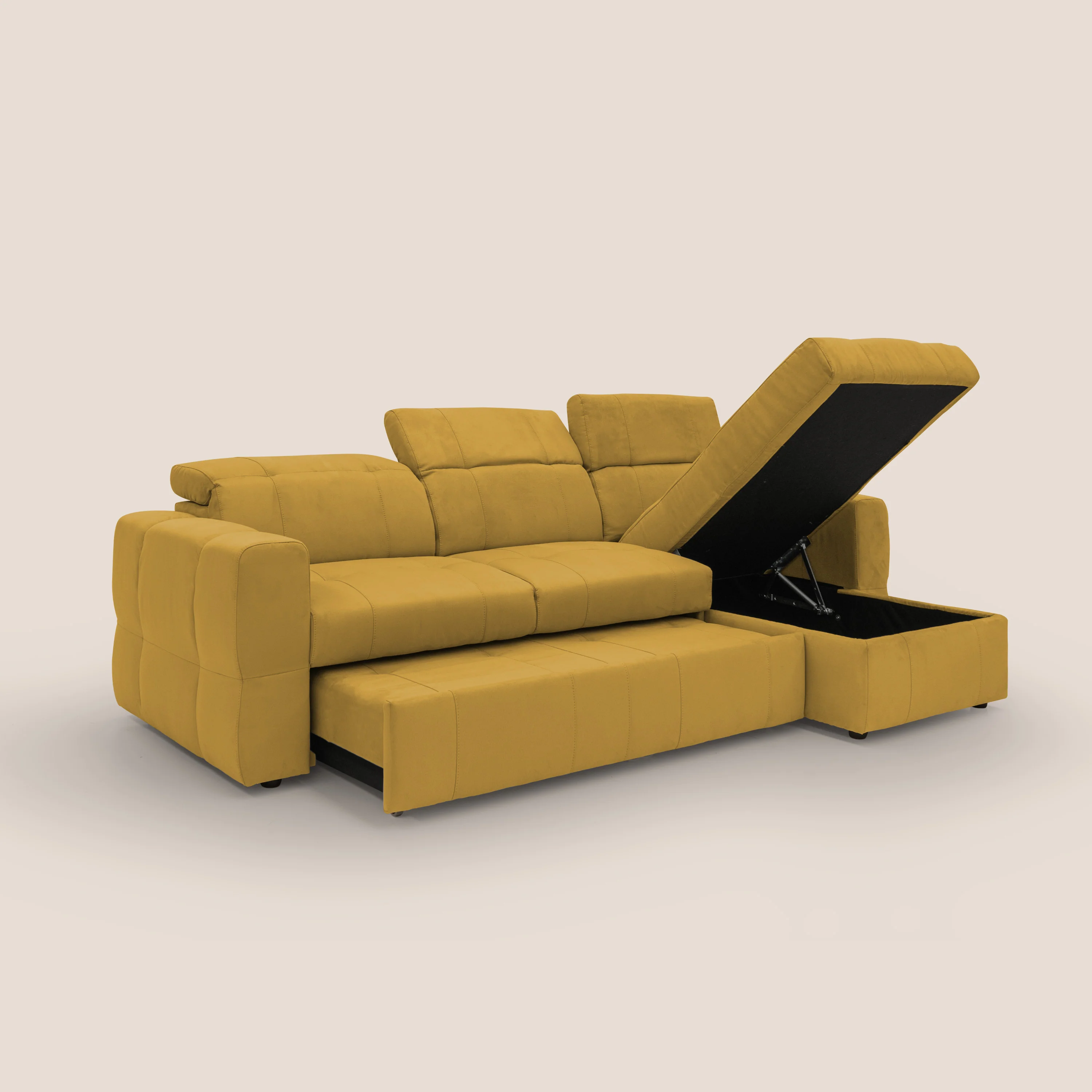 Kronos Canapé d'angle avec pouf extractible et coffre de rangement en microfibre imperméable T11 jaune - Image 4