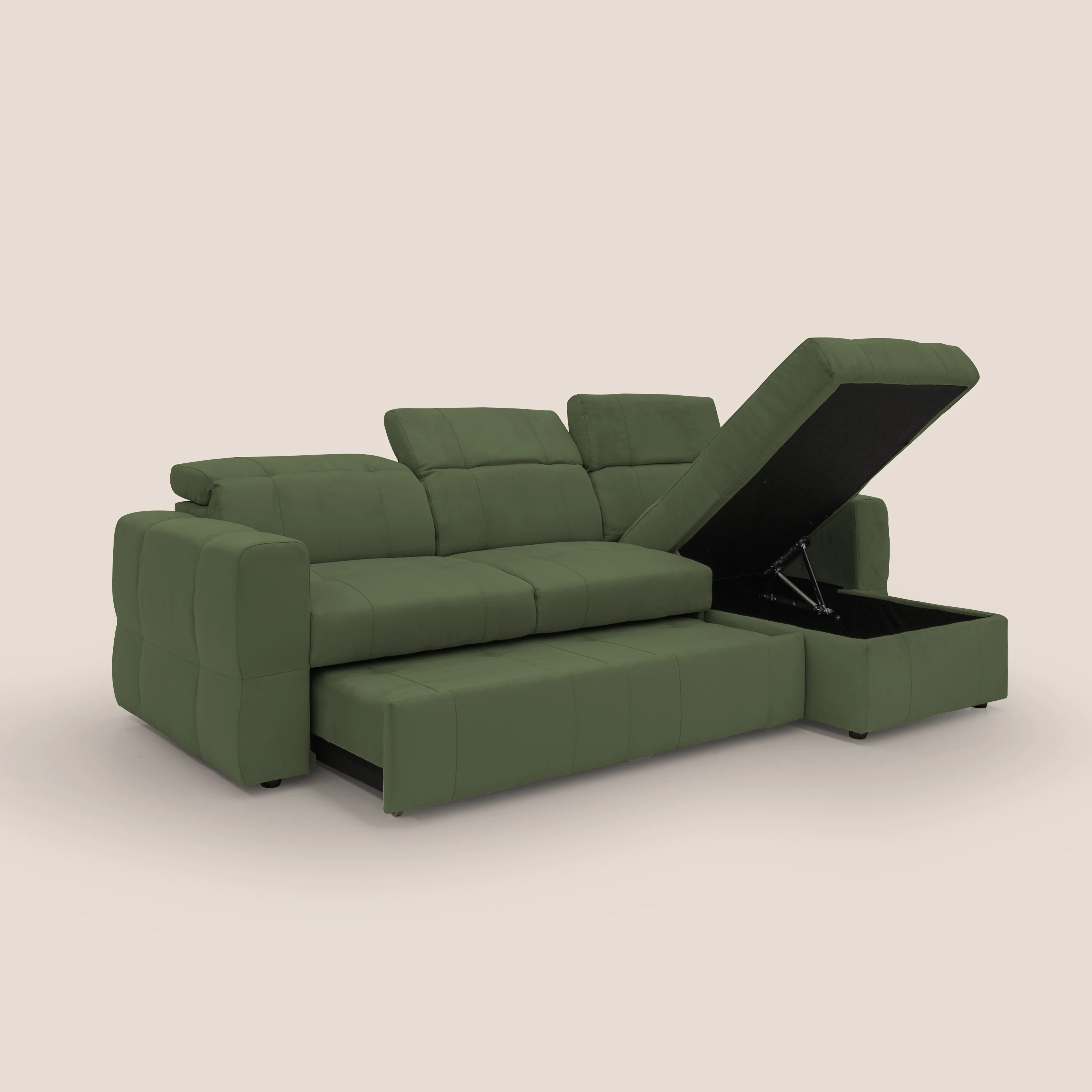 Kronos Canapé d'angle avec pouf extractible et coffre de rangement en microfibre imperméable T11 vert - Image 4