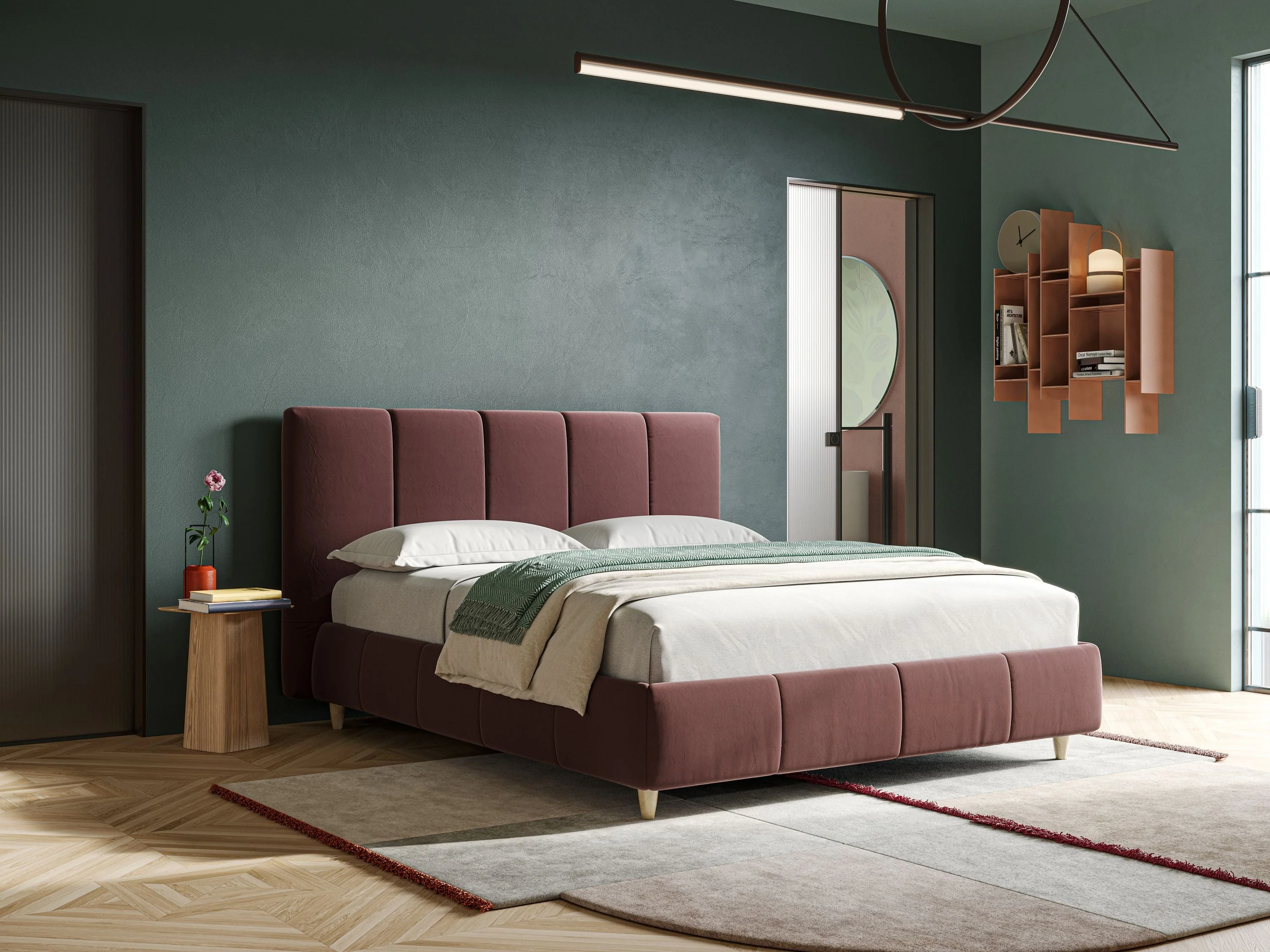 Laura lit avec coffre déhoussable en microfibre velours T09 saumon - Image 2