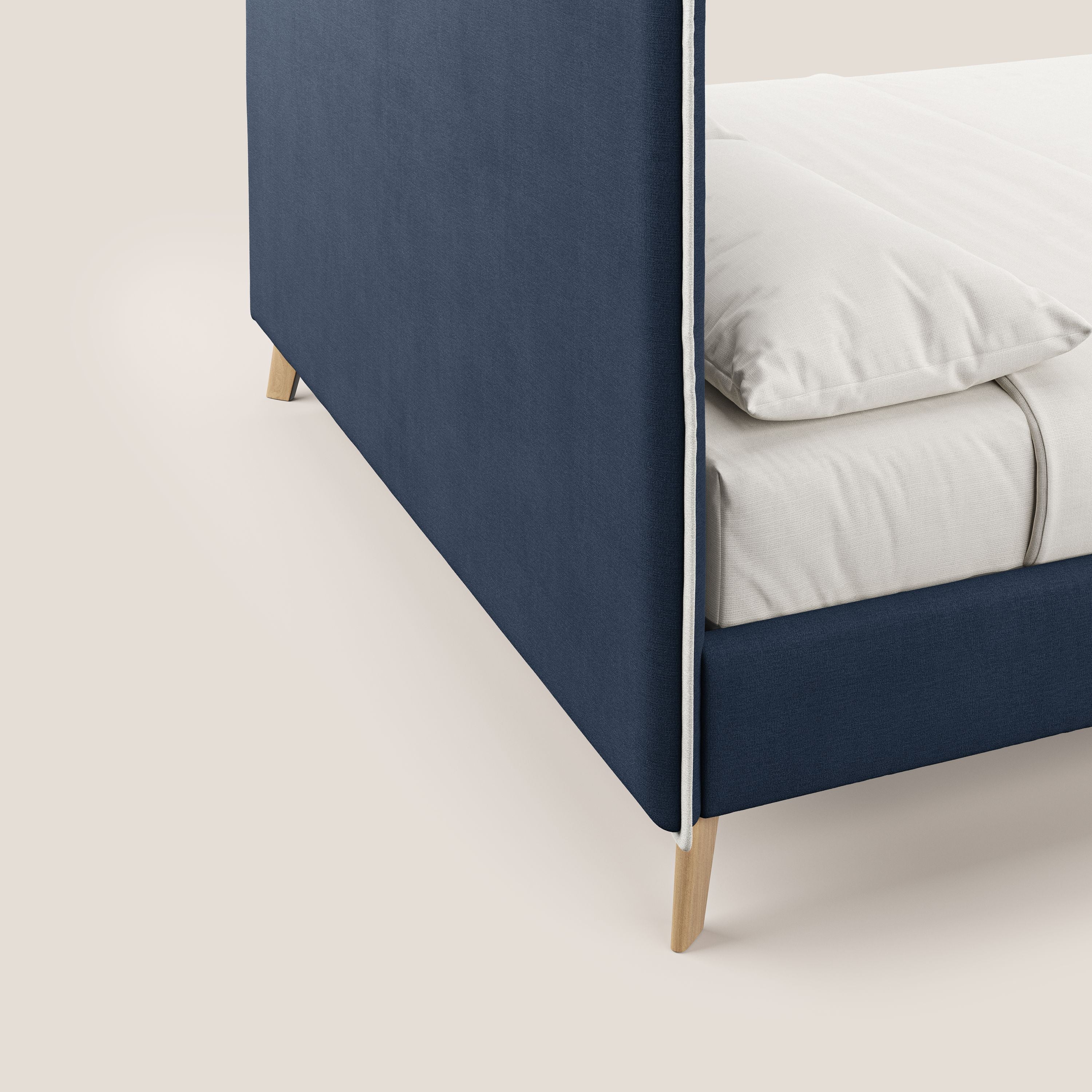 Lit rembourré Leila avec pieds en bois en tissu détachable T17 bleu - blanc - Image 3