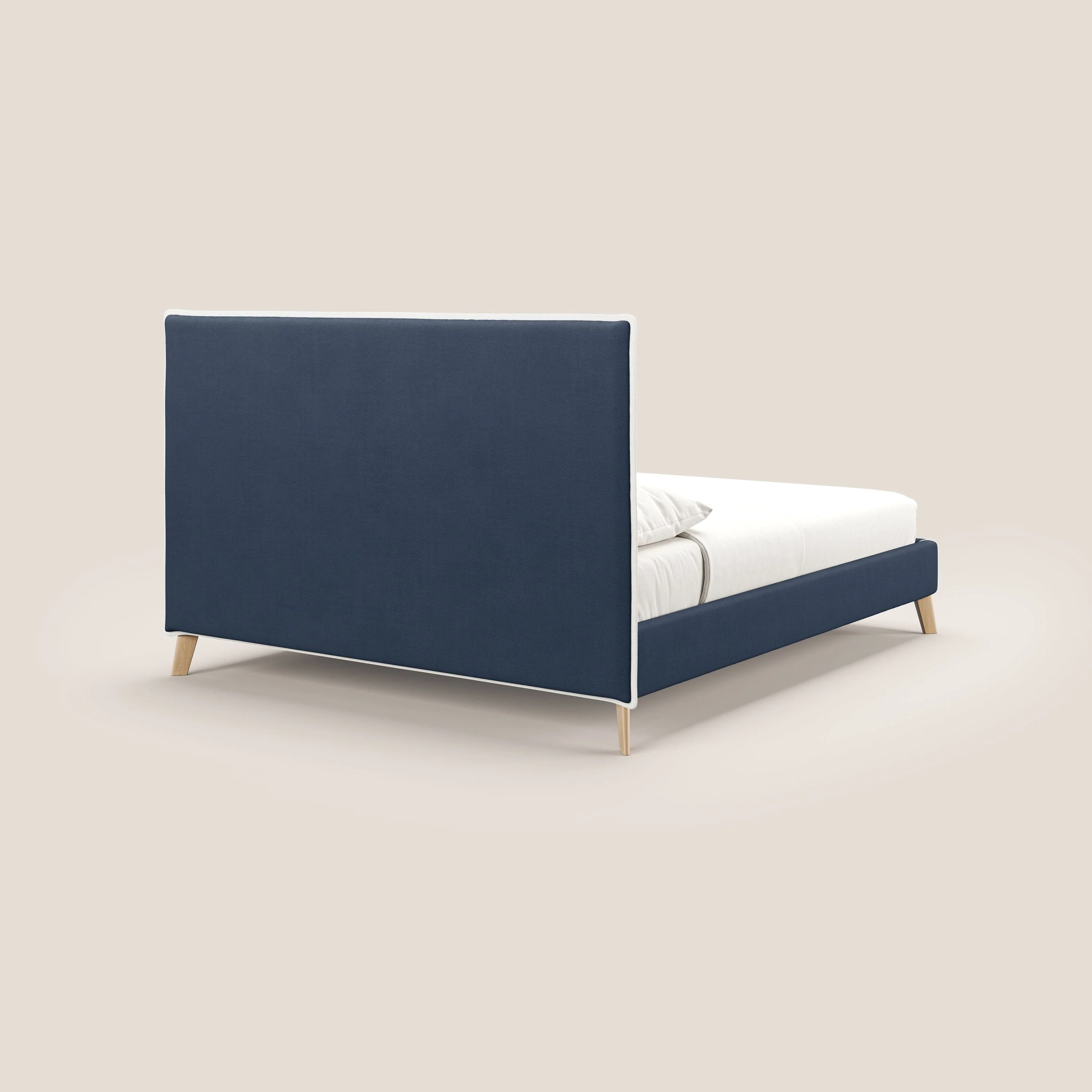 Lit rembourré Leila avec pieds en bois en tissu détachable T17 bleu - blanc - Image 5