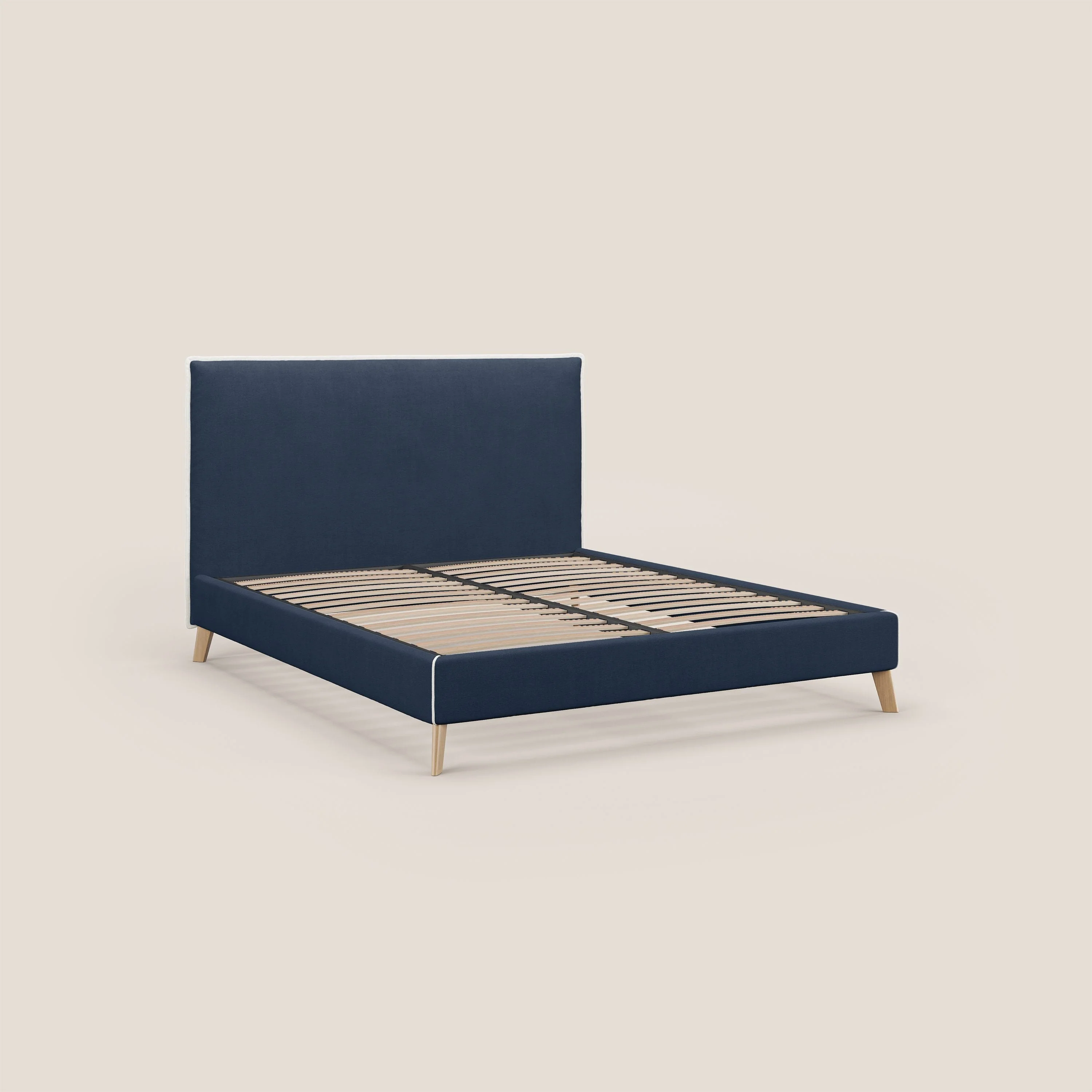 Lit rembourré Leila avec pieds en bois en tissu détachable T17 bleu - blanc - Image 7