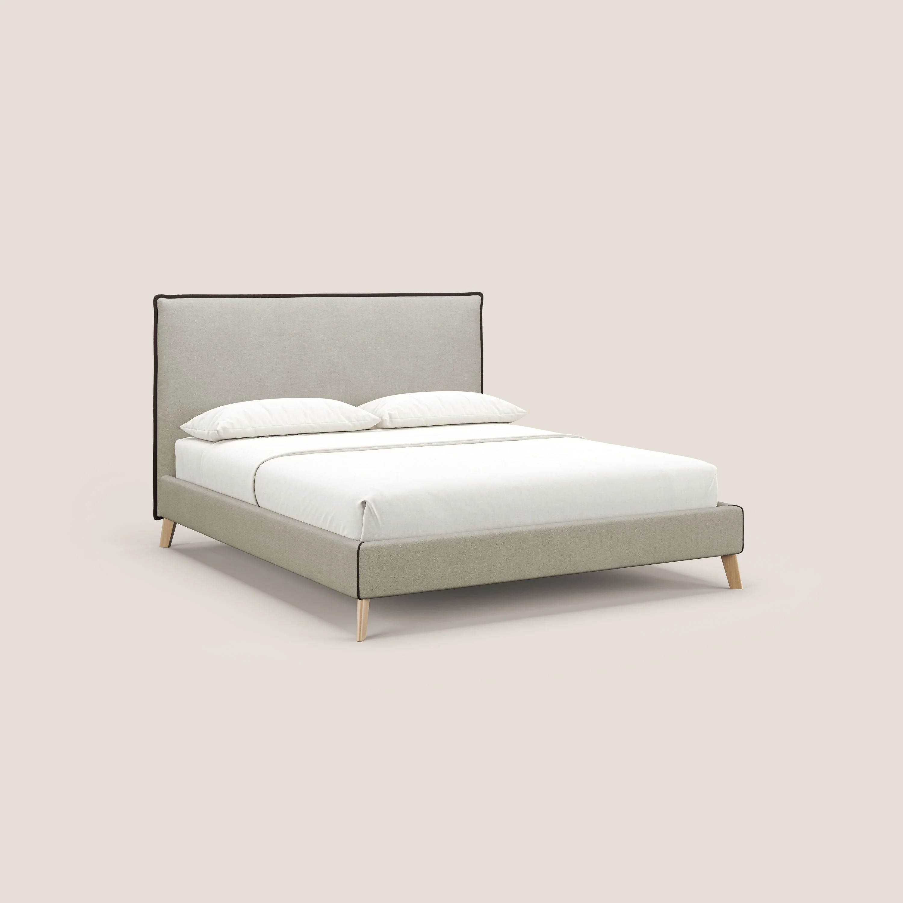 Leila lit rembourré avec pieds en bois et tissu détachable T17 crème - marron