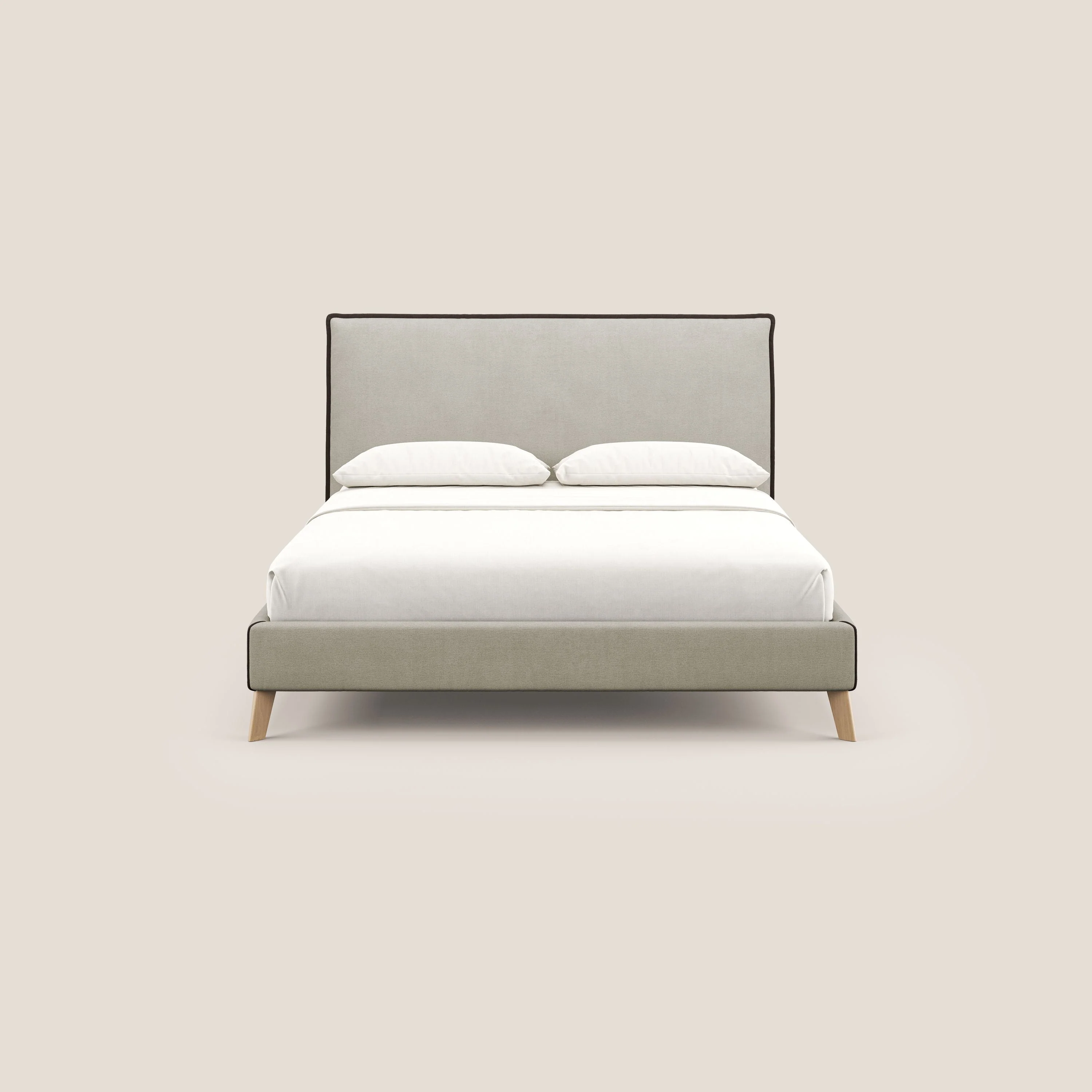 Leila lit rembourré avec pieds en bois et tissu détachable T17 crème - marron - Image 2