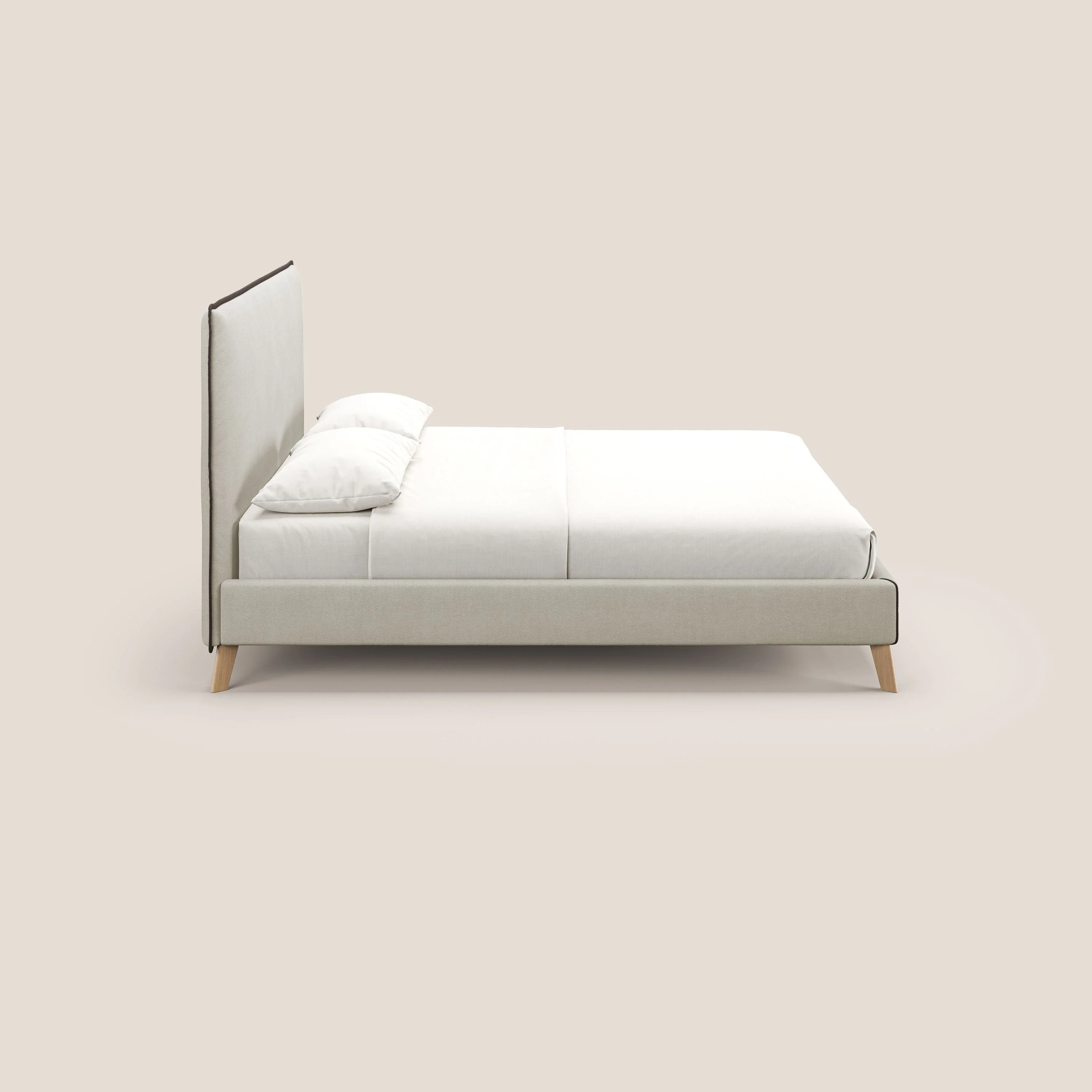 Leila lit rembourré avec pieds en bois et tissu détachable T17 crème - marron - Image 4