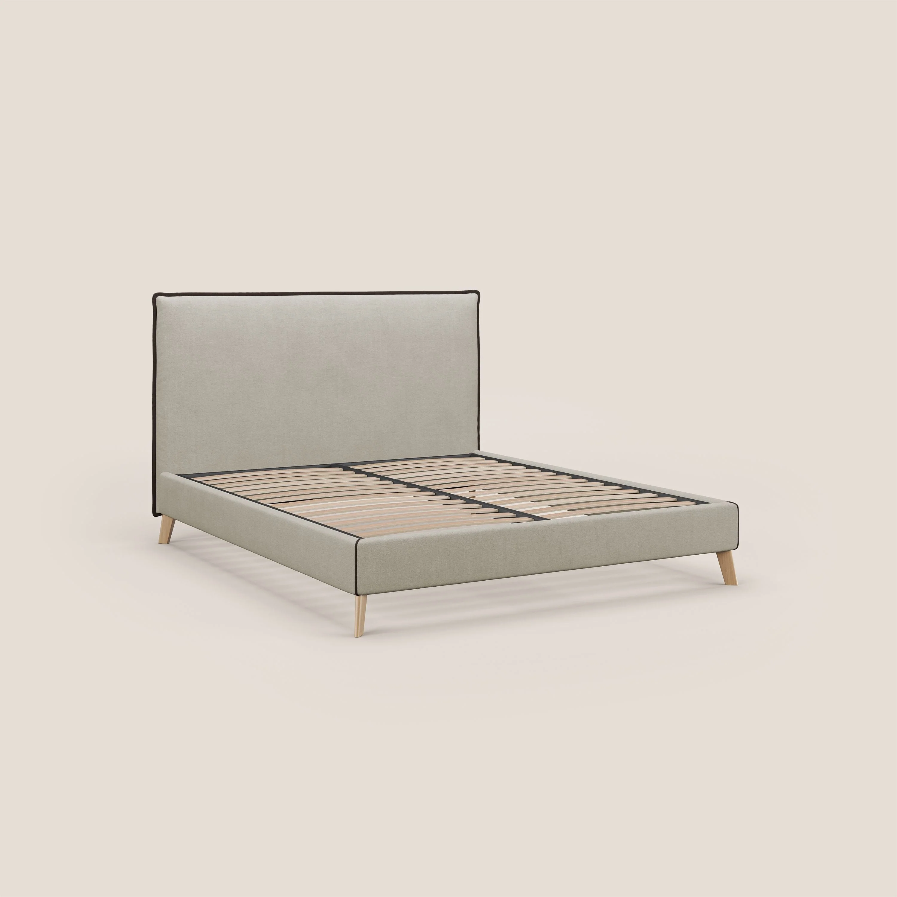 Leila lit rembourré avec pieds en bois et tissu détachable T17 crème - marron - Image 7