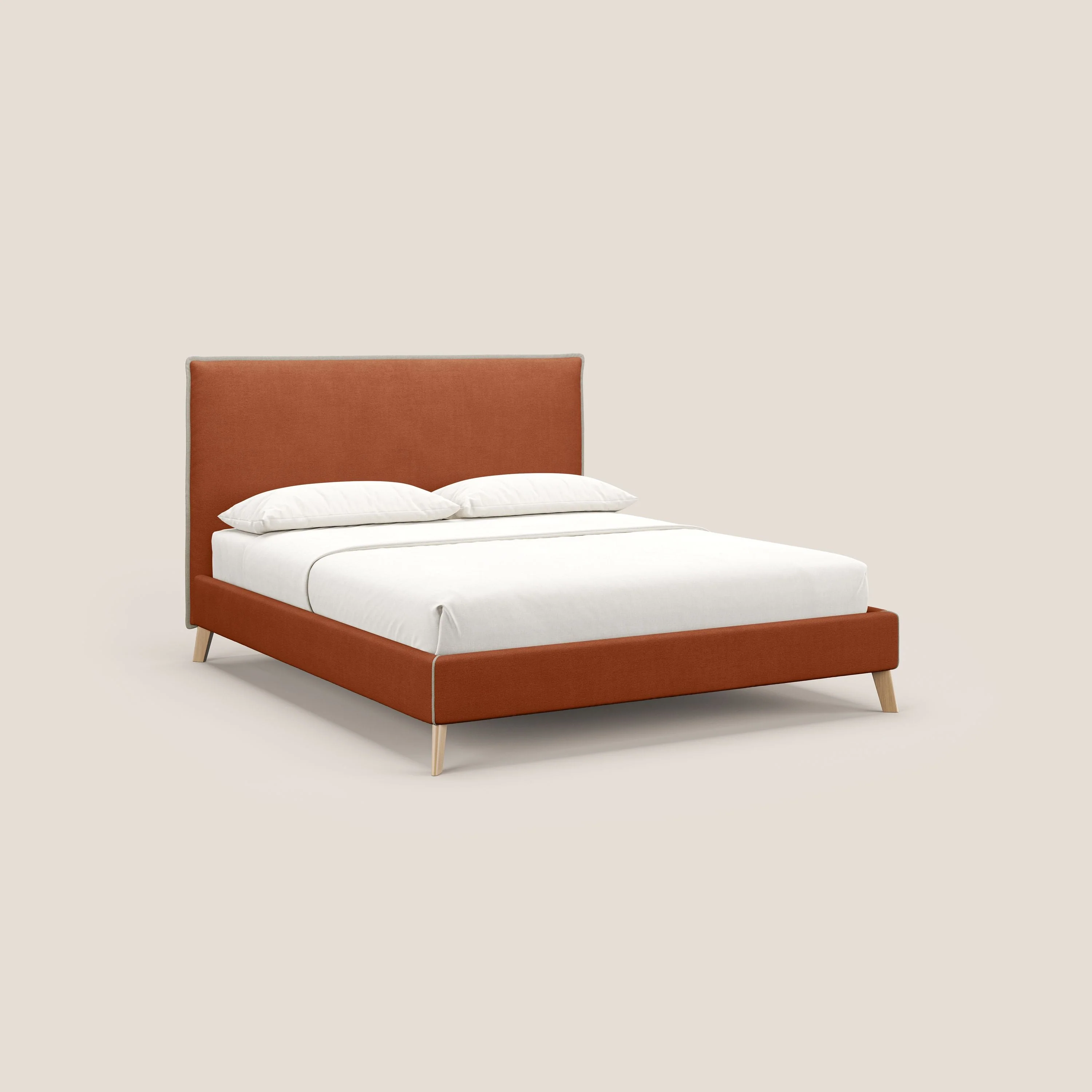 Leila lit rembourré avec pieds en bois et tissu détachable T17 orange - crème