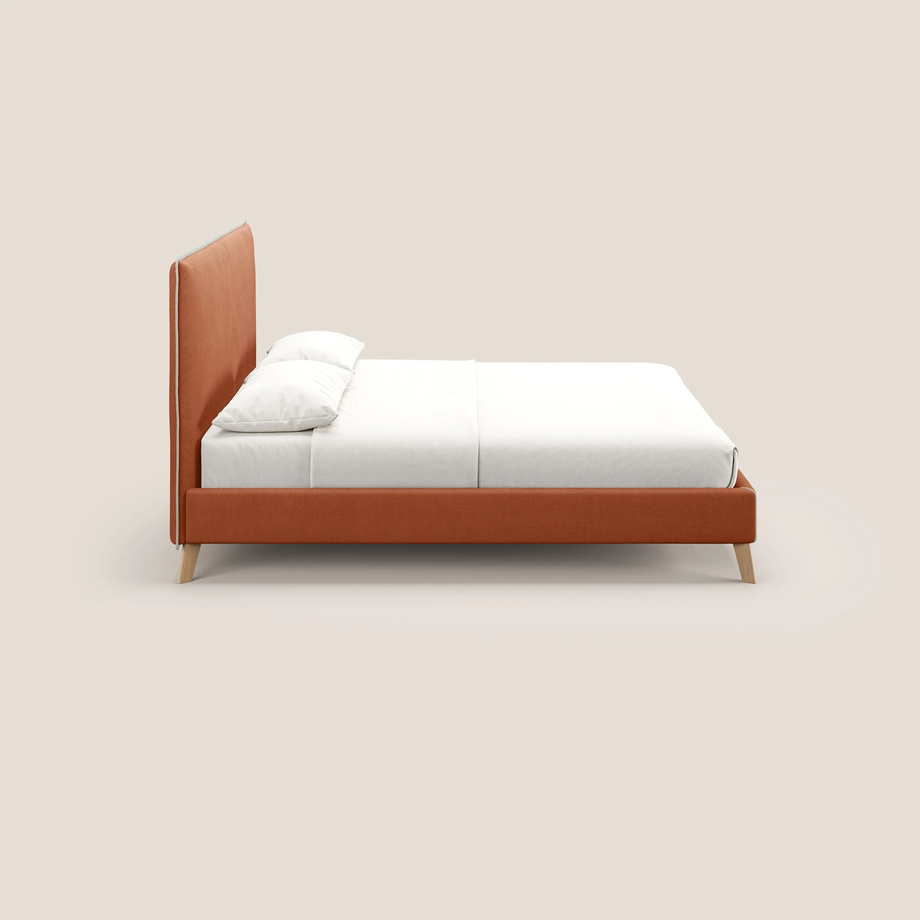 Leila lit rembourré avec pieds en bois et tissu détachable T17 orange - crème - Image 4