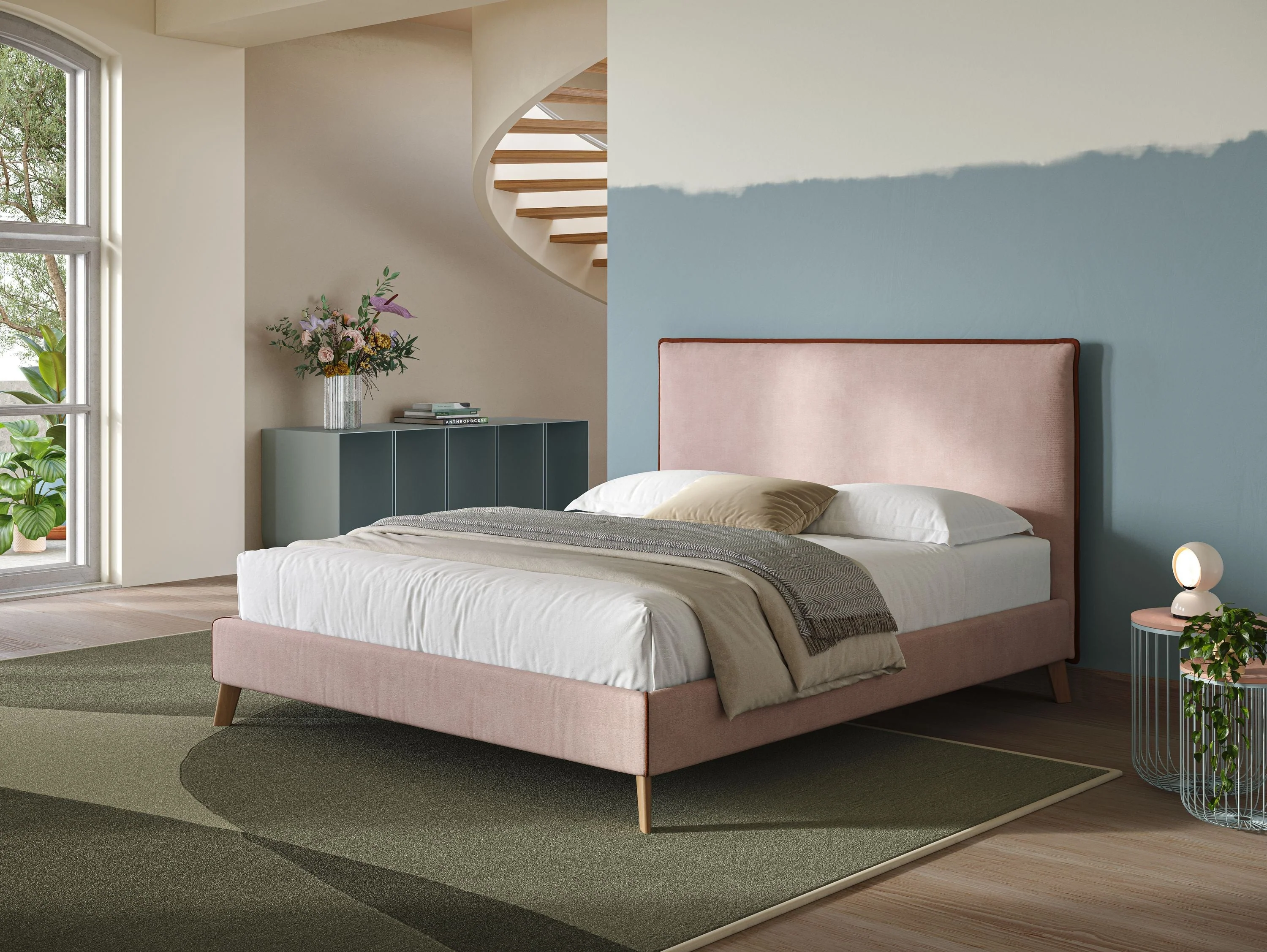 Leila lit rembourré avec pieds en bois et tissu détachable T17 rose - rouge - Image 2
