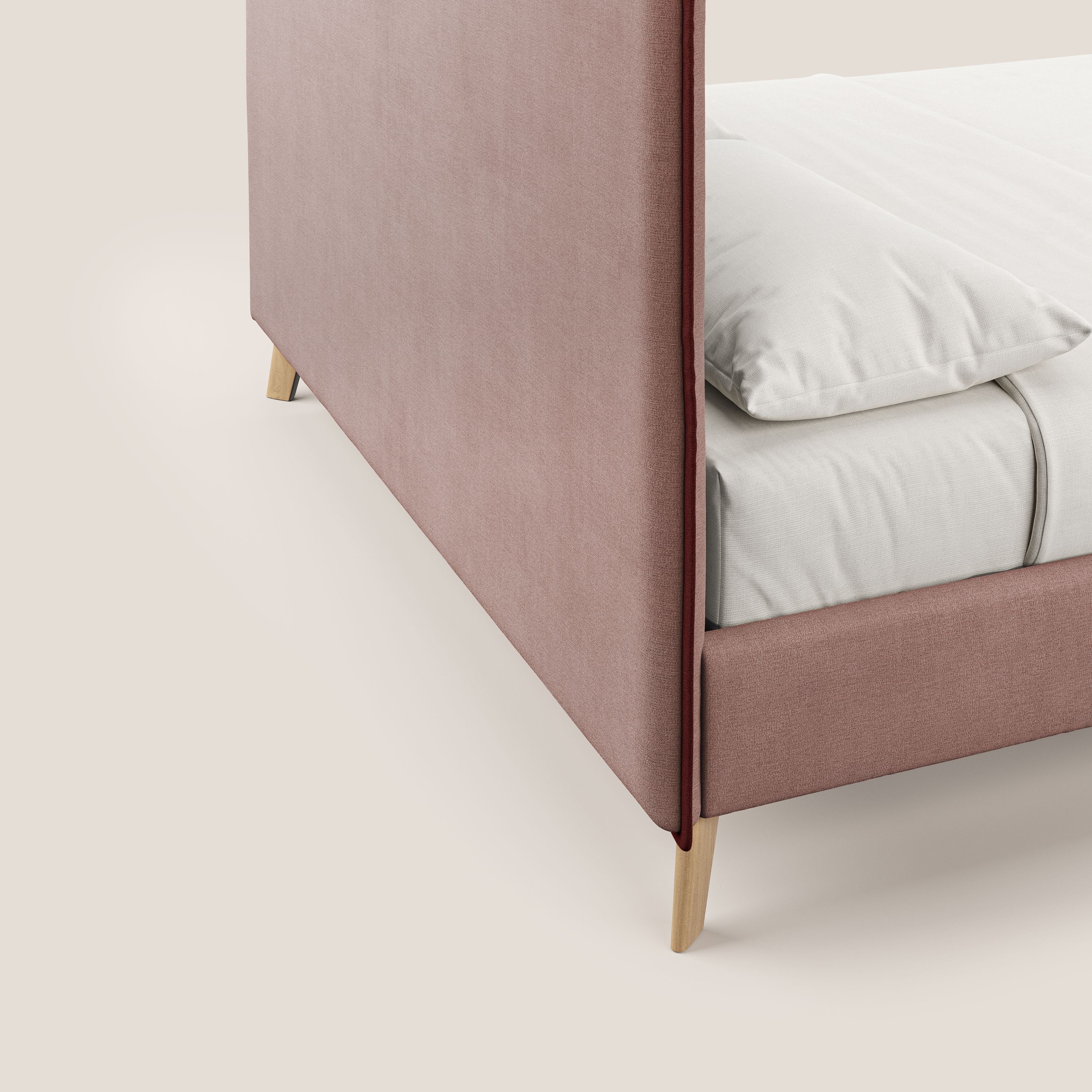 Leila lit rembourré avec pieds en bois et tissu détachable T17 rose - rouge - Image 7