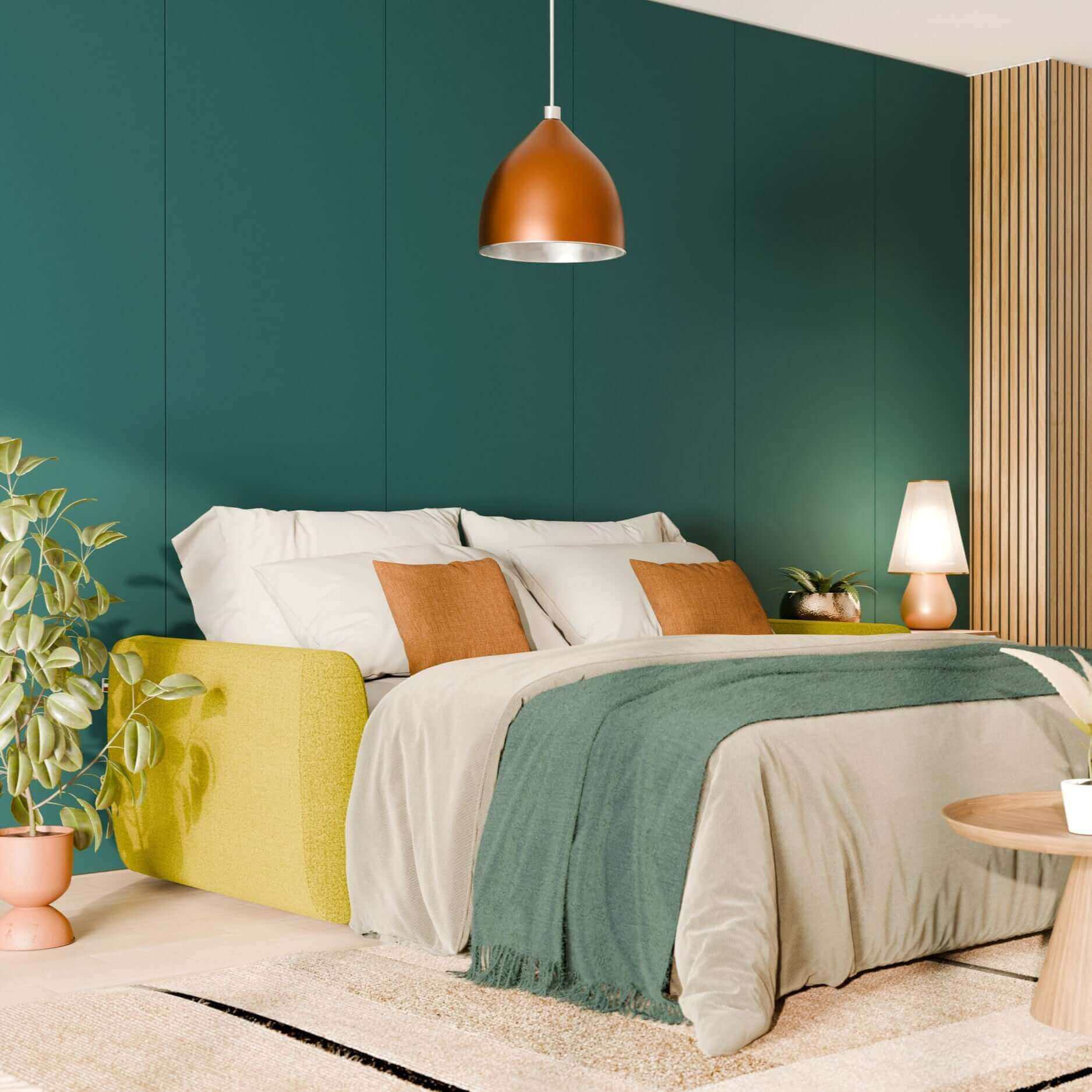 Leonida canapé convertible déhoussable et matelas H 18 cm - coffre à oreiller en tissu détachable T23 jaune soleil - Image 2