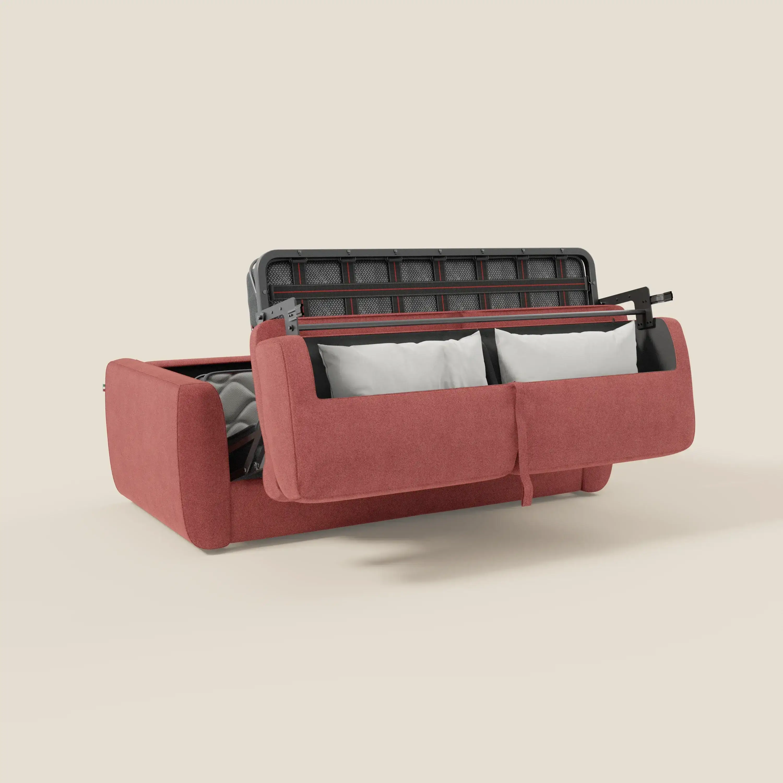 Leonida canapé convertible déhoussable et matelas H 18 cm - coffre à oreiller en tissu détachable T23 rouge - Image 10