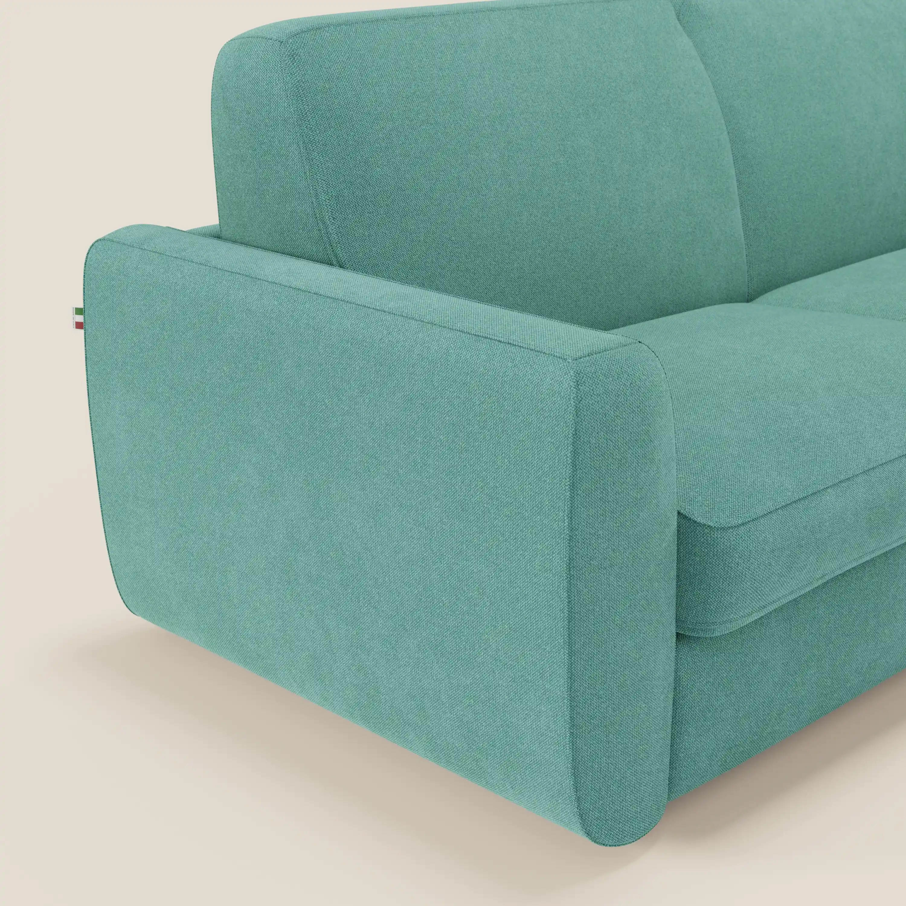Leonida canapé convertible déhoussable et matelas H 18 cm - coffre à oreiller en tissu détachable T23 vert aquamarine - Image 6