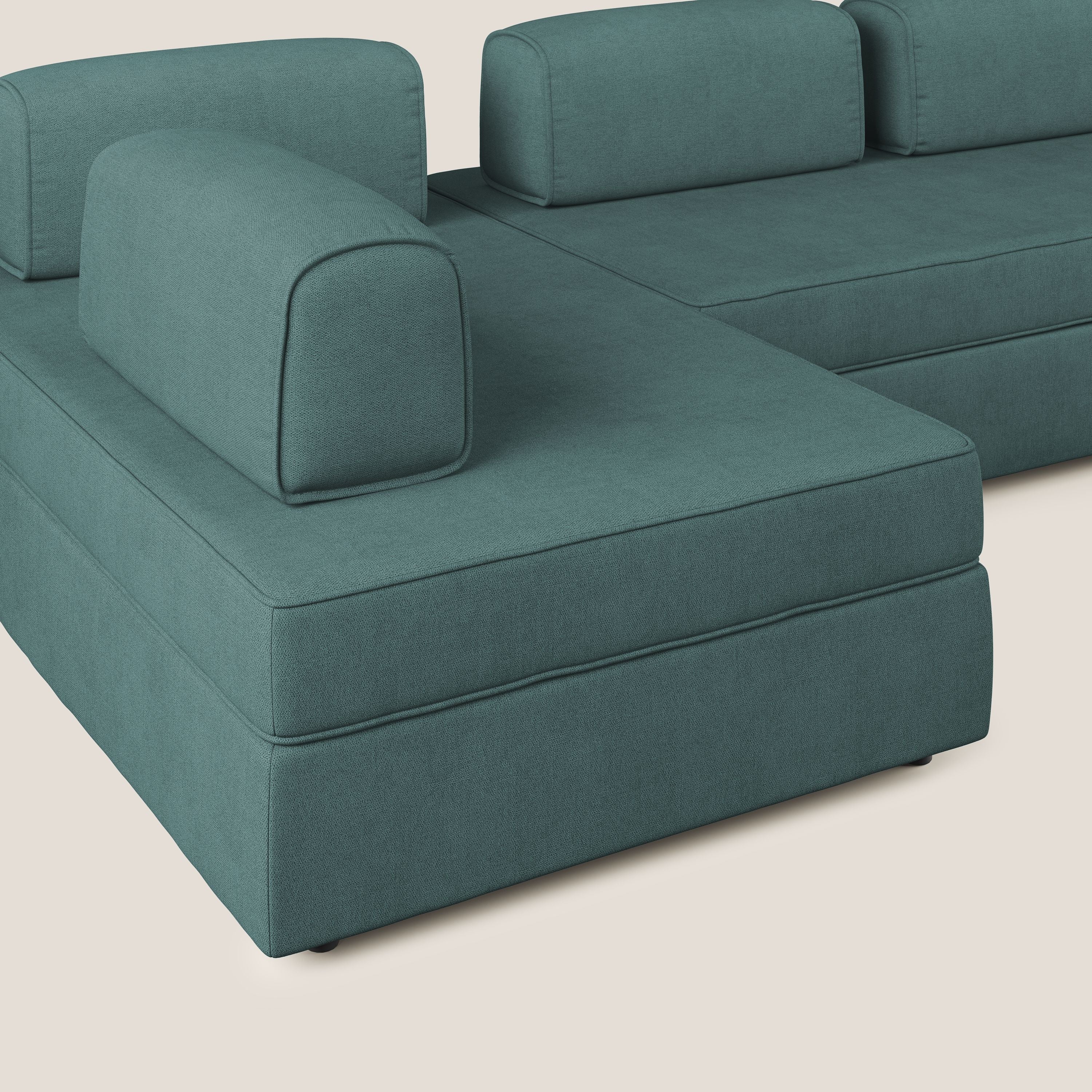 Liberty Canapé panoramique avec pouf extractible et dossiers amovibles en tissu doux imperméable T02 bleu canard - Image 6