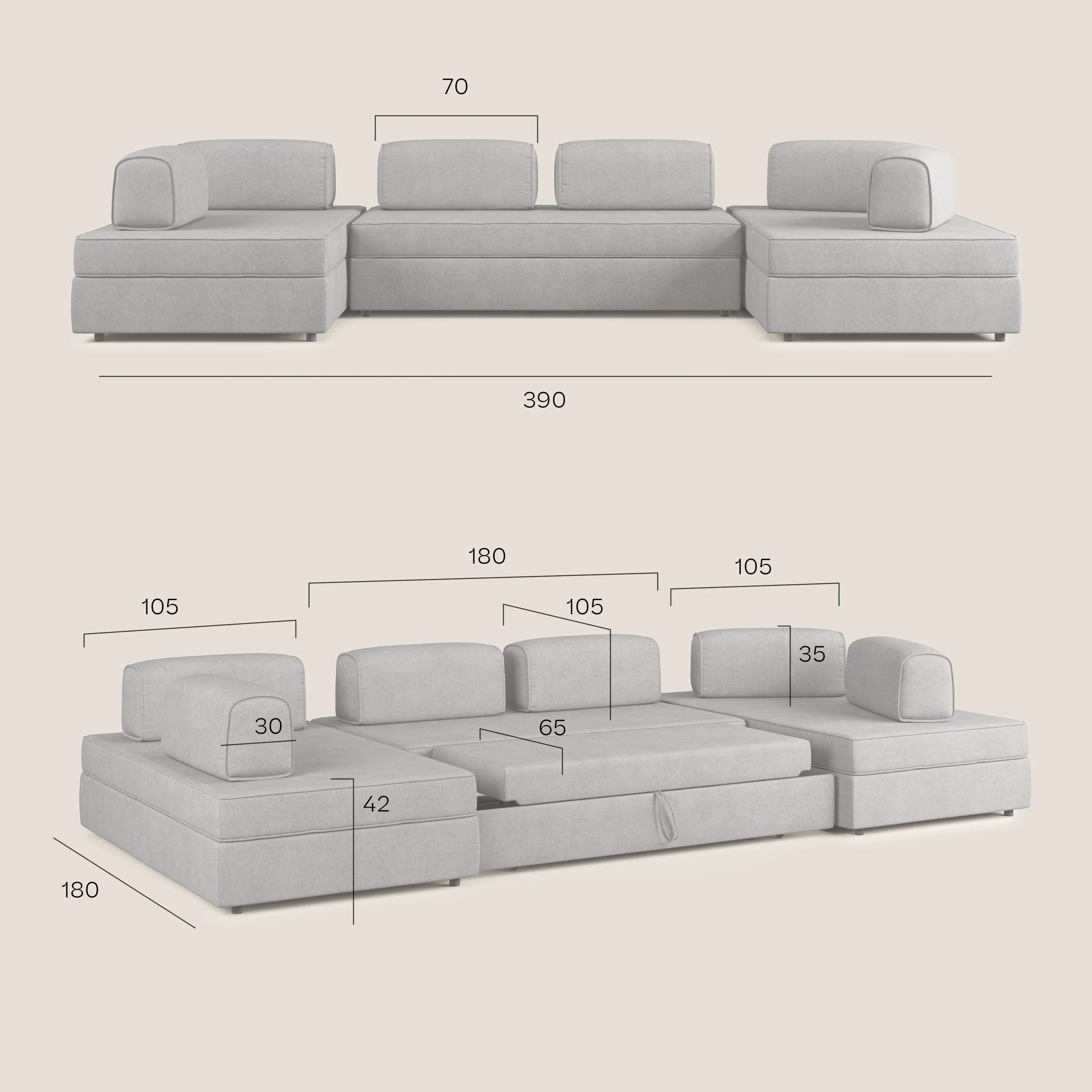 Liberty Canapé panoramique avec pouf extractible et dossiers amovibles en tissu doux imperméable T02 crème - Image 10
