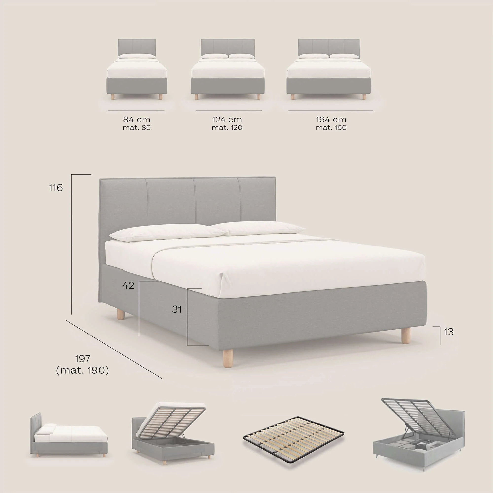 Lothar Lit avec maxi coffre aux dimensions réduites en tissu imperméable T13 beige - Image 9