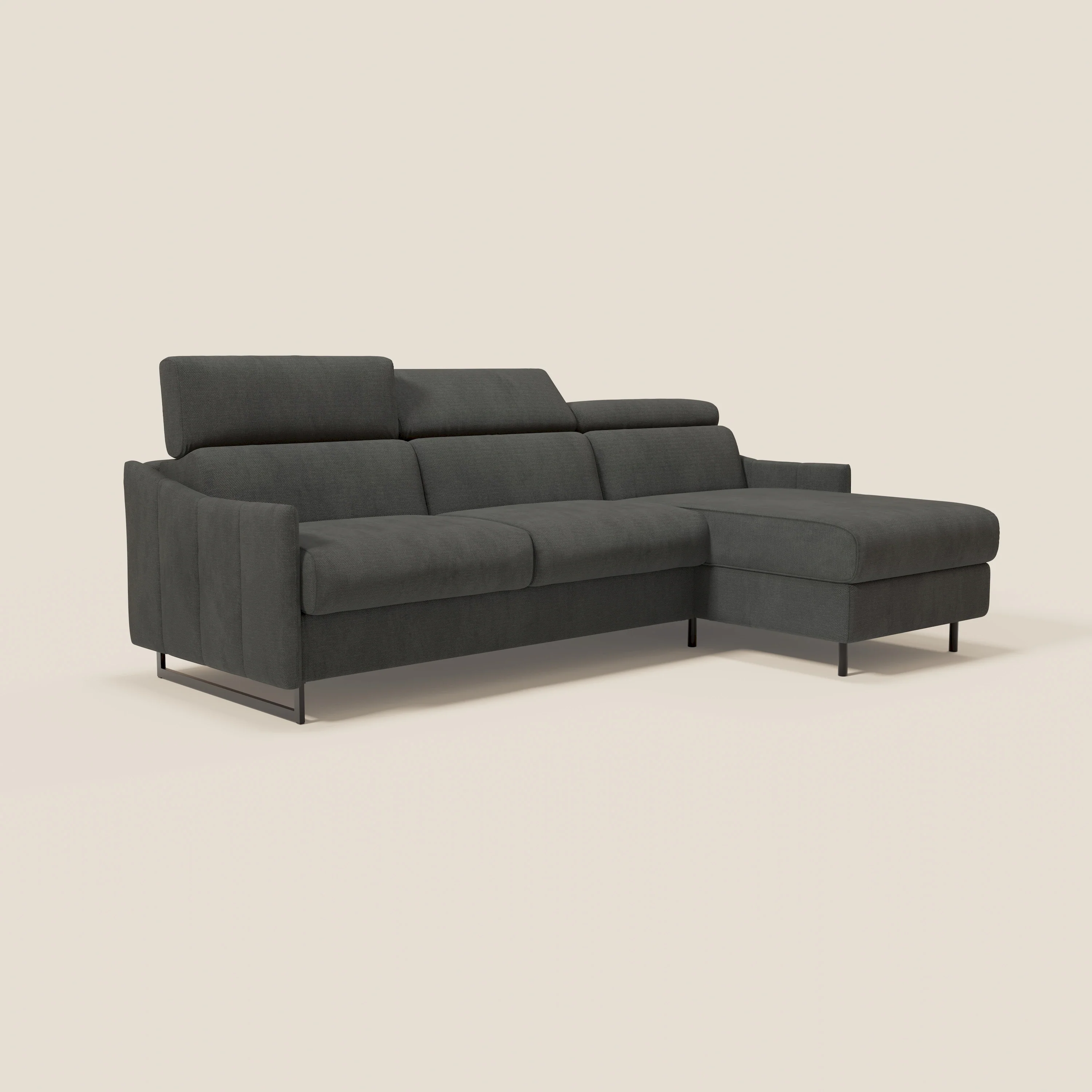 Loto Canapé d'angle convertible avec chaise longue coffre, têtières et matelas H 18 cm en tissu doux imperméable T14 anthracite - Image 3