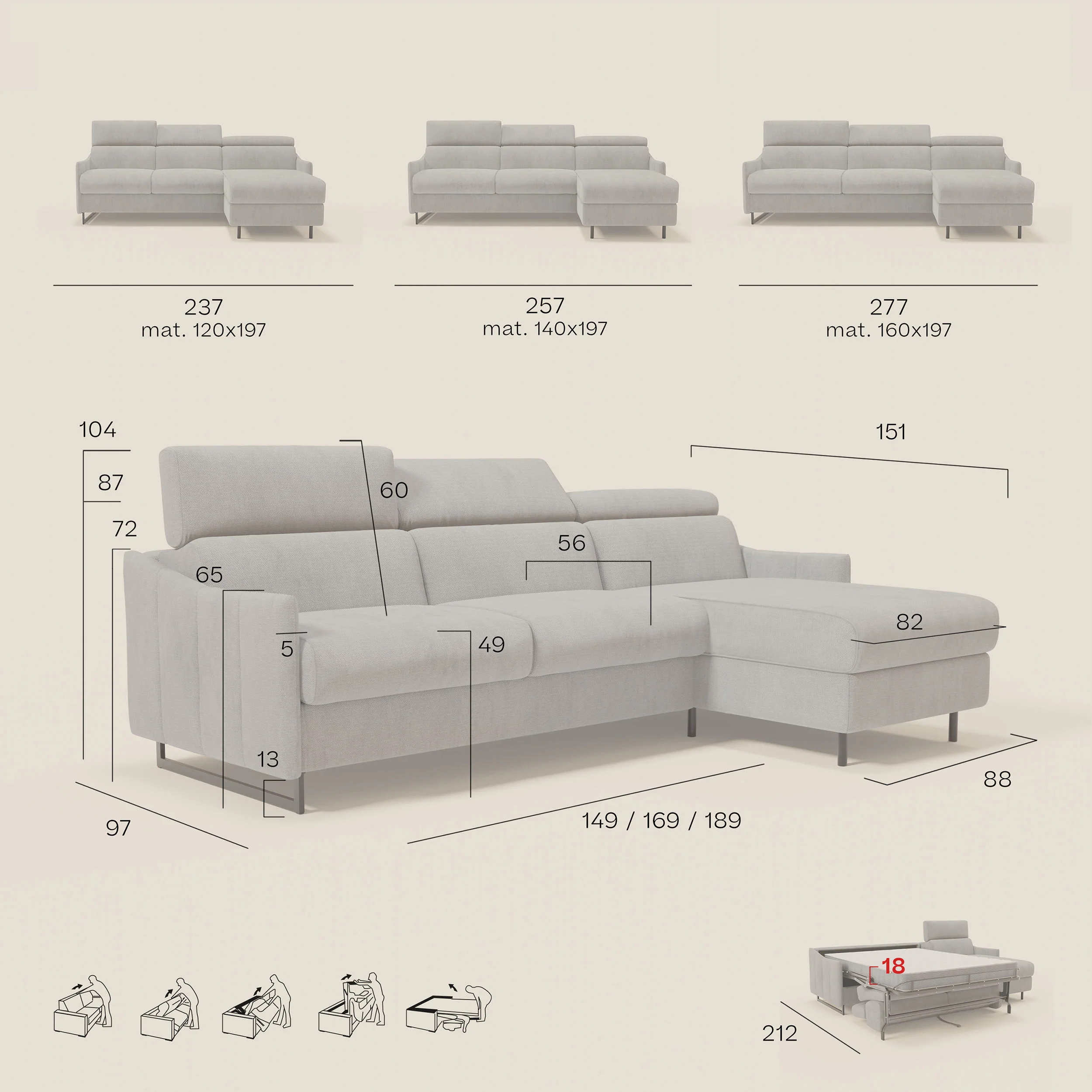 Loto Canapé d'angle convertible avec chaise longue coffre, têtières et matelas H 18 cm en tissu doux imperméable T14 bleu - Image 14