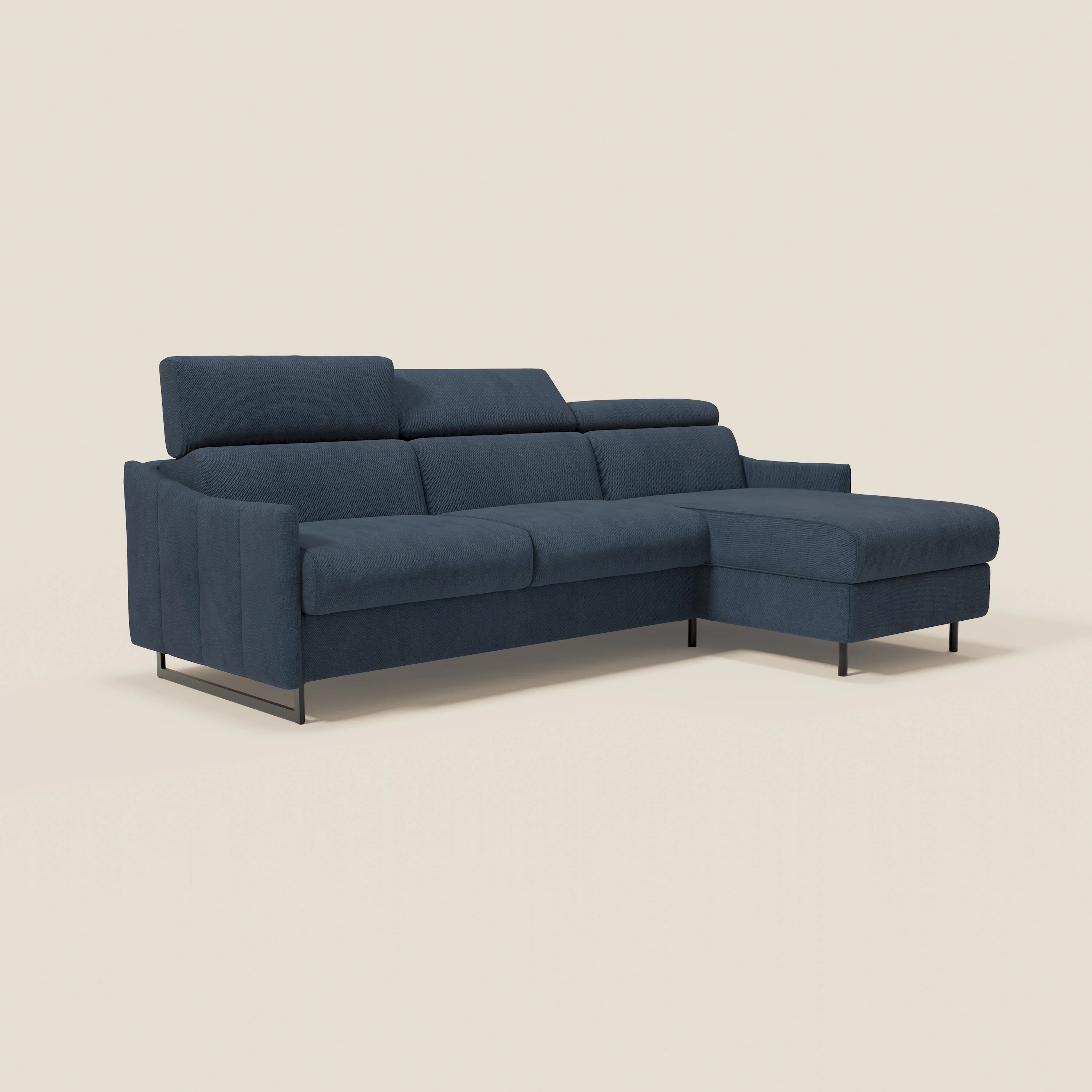 Loto Canapé d'angle convertible avec chaise longue coffre, têtières et matelas H 18 cm en tissu doux imperméable T14 bleu - Image 3