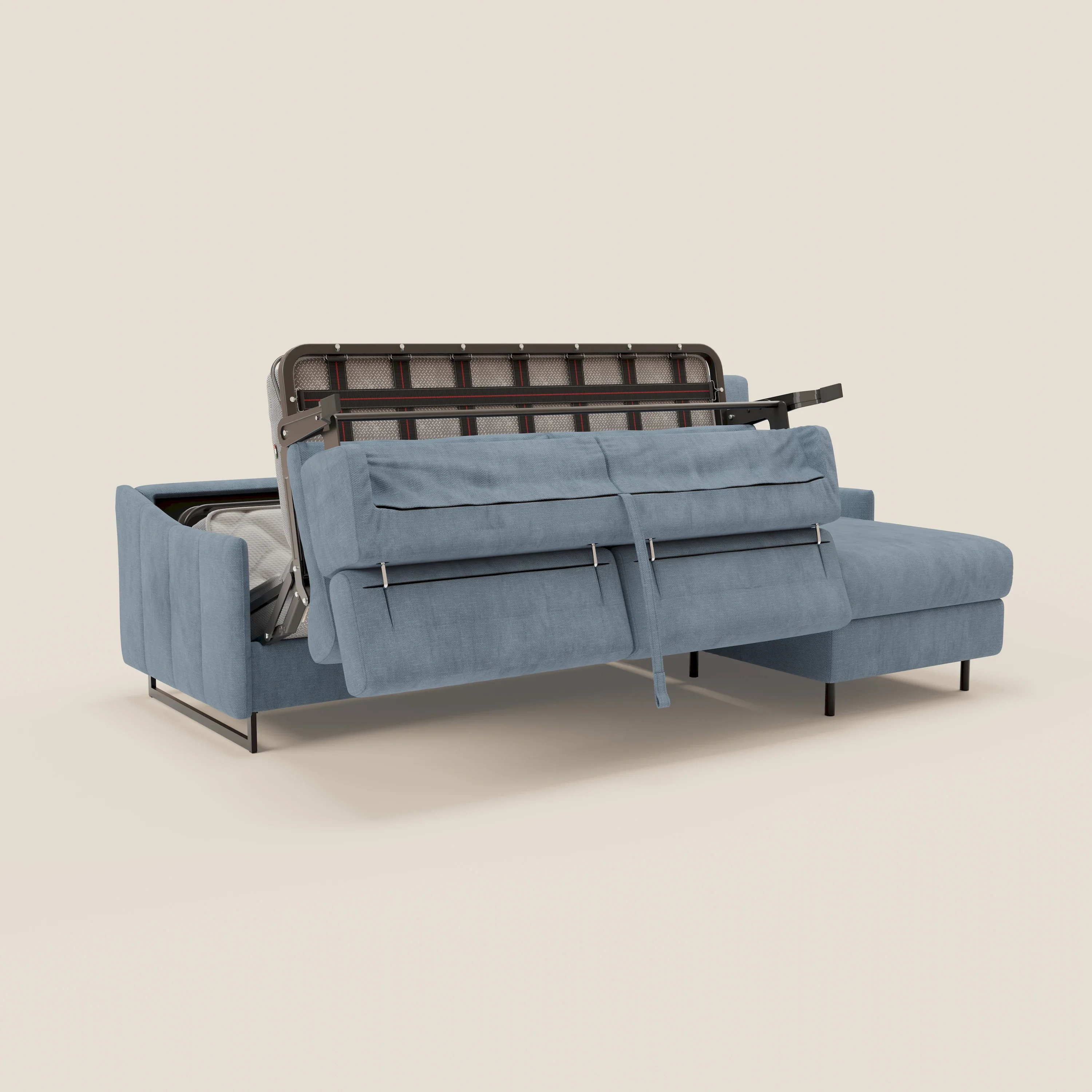 Loto Canapé d'angle convertible avec chaise longue coffre, têtières et matelas H 18 cm en tissu doux imperméable T14 bleu pastel - Image 10