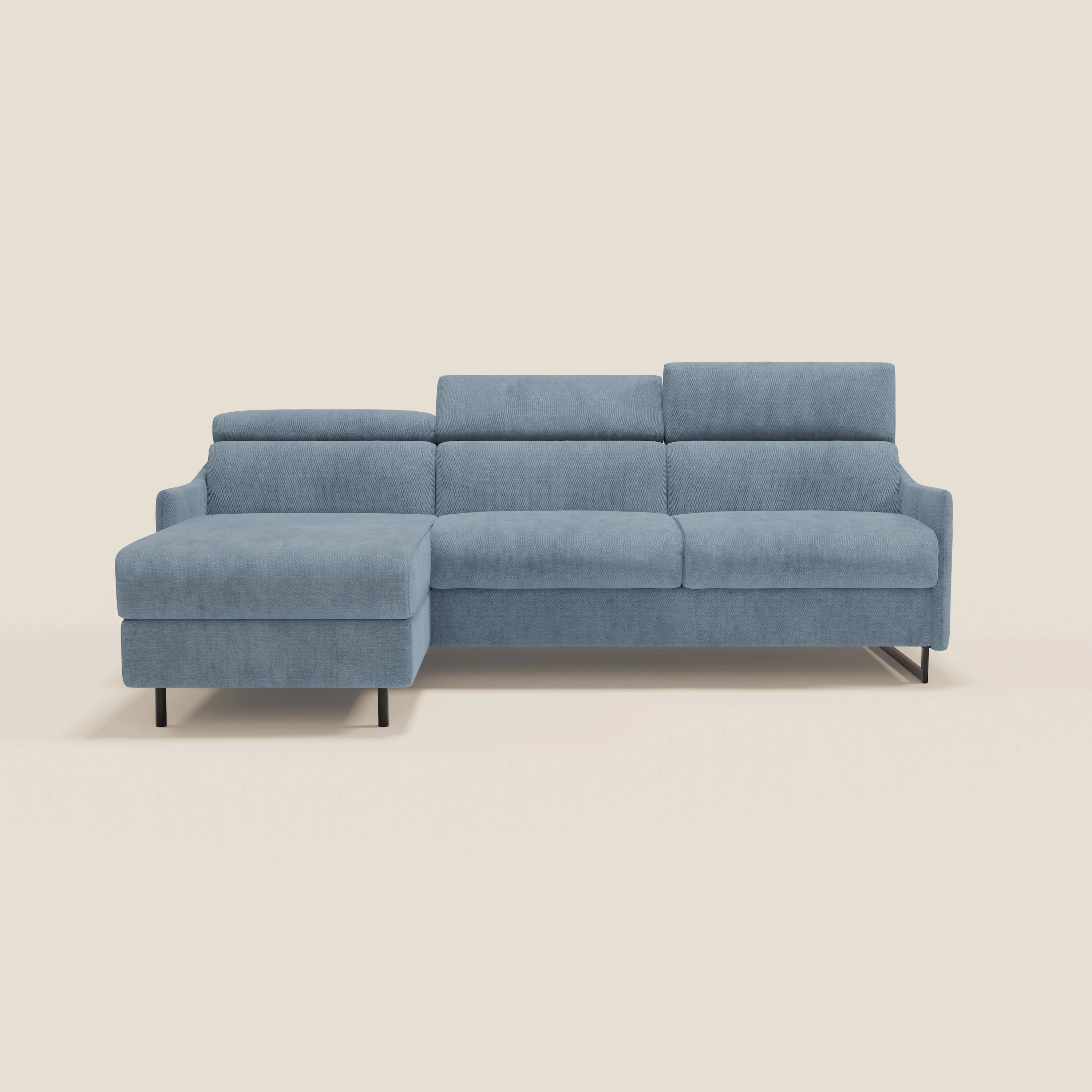 Loto Canapé d'angle convertible avec chaise longue coffre, têtières et matelas H 18 cm en tissu doux imperméable T14 bleu pastel - Image 12