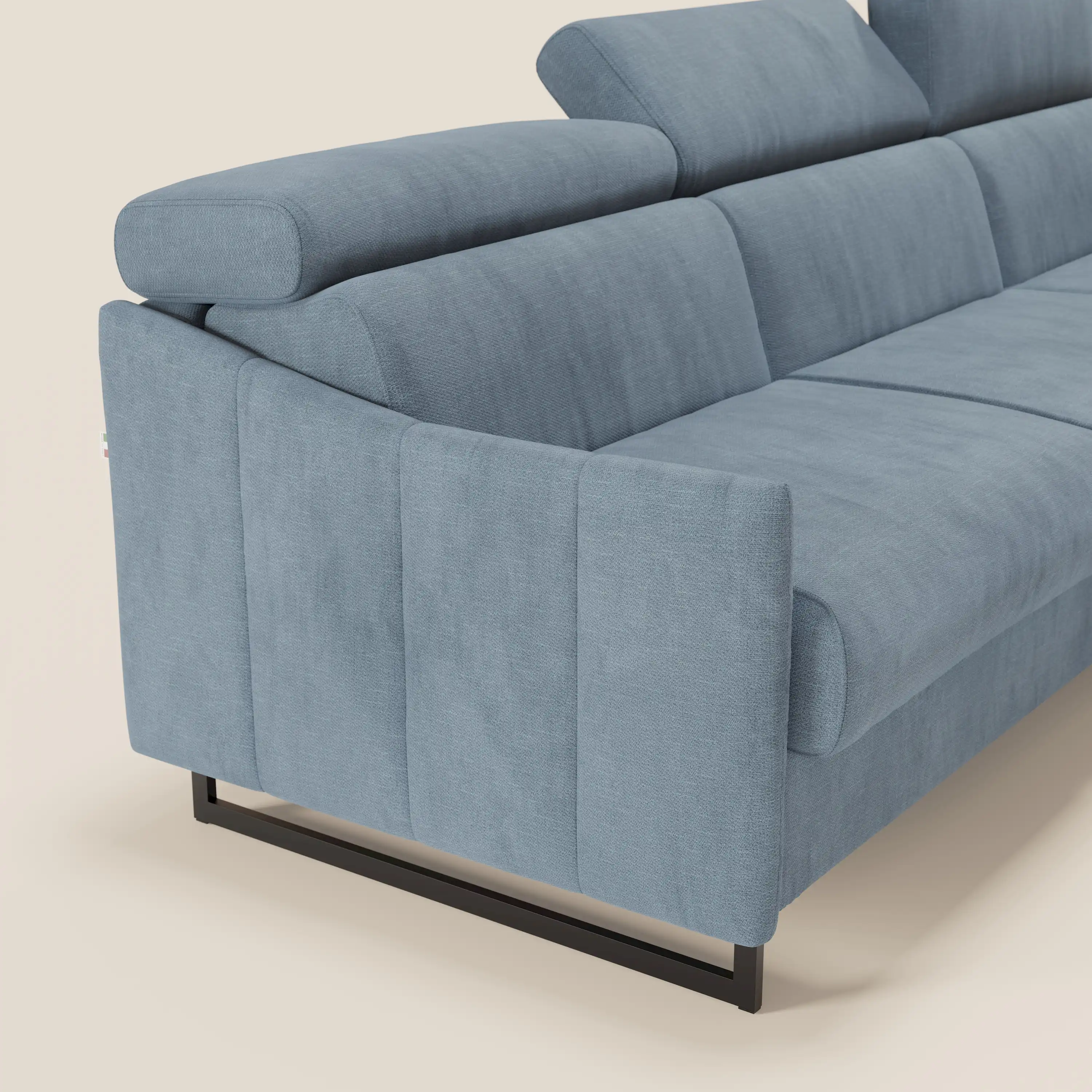 Loto Canapé d'angle convertible avec chaise longue coffre, têtières et matelas H 18 cm en tissu doux imperméable T14 bleu pastel - Image 4