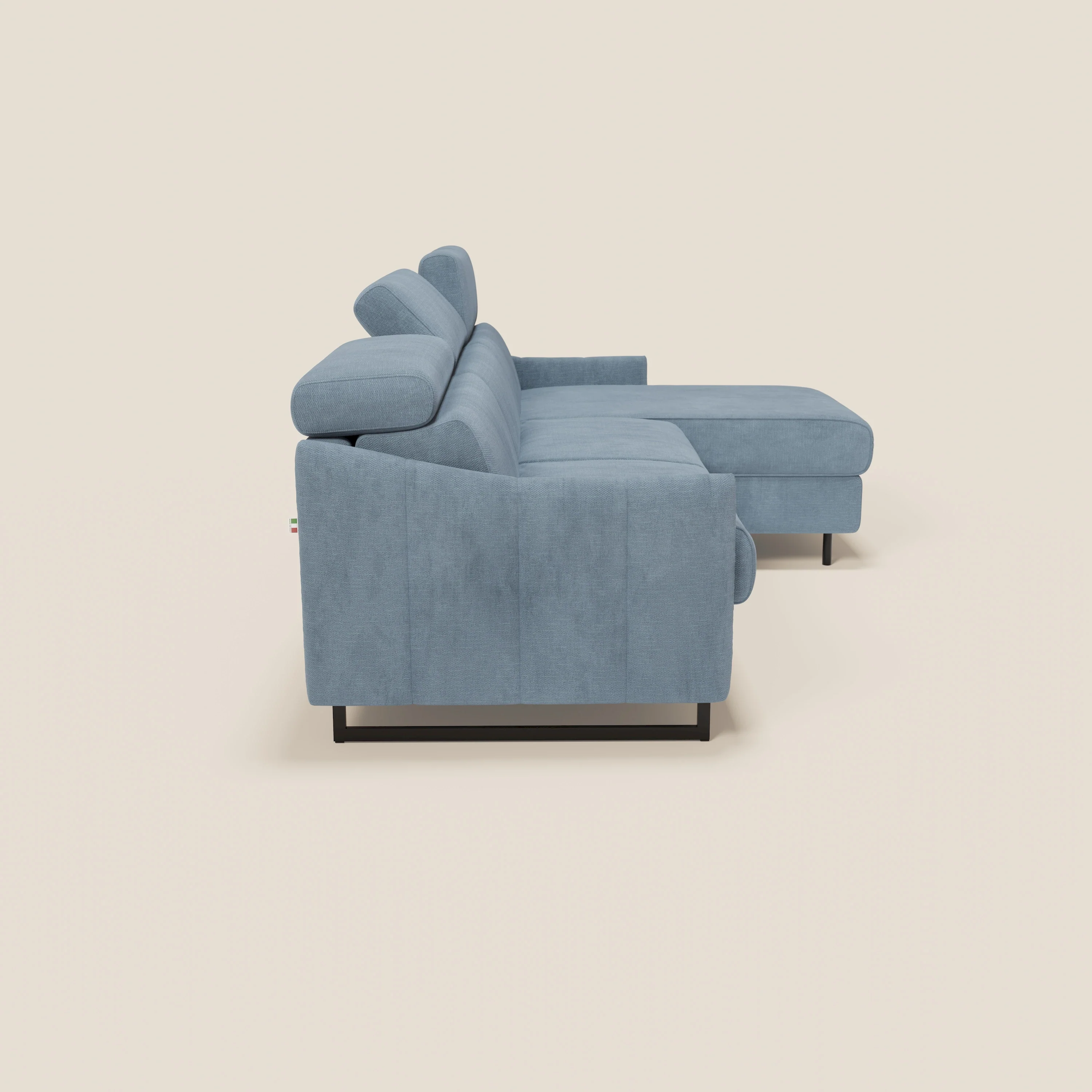 Loto Canapé d'angle convertible avec chaise longue coffre, têtières et matelas H 18 cm en tissu doux imperméable T14 bleu pastel - Image 6