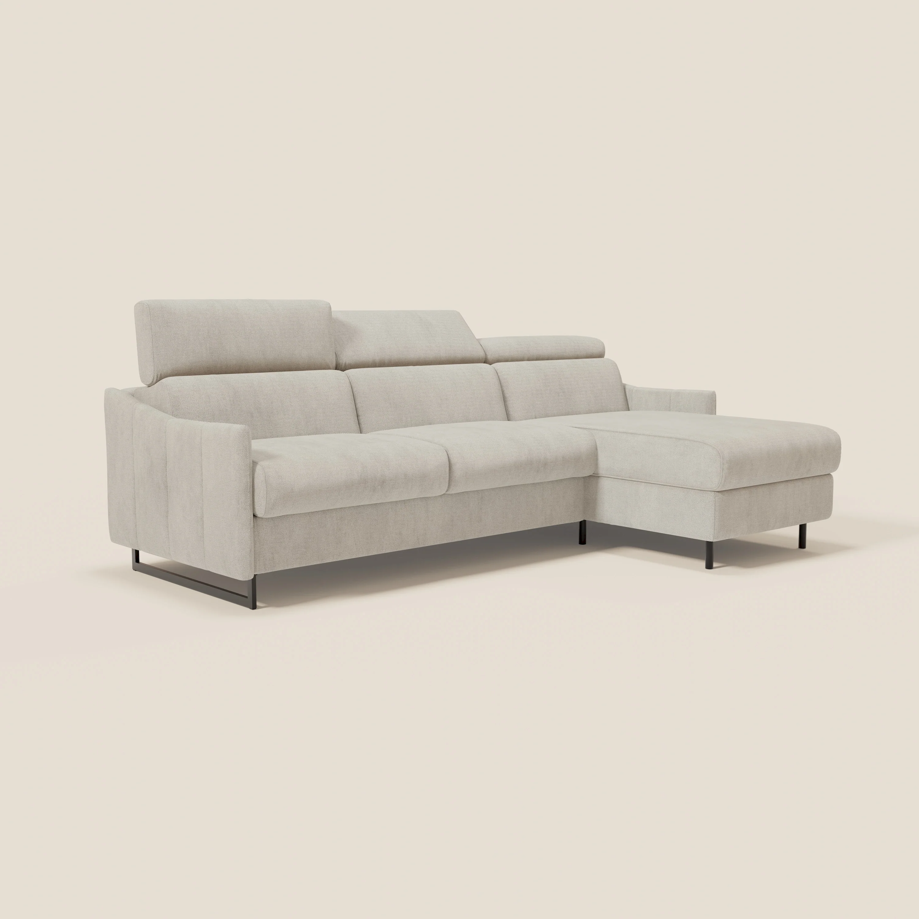 Loto Canapé d'angle convertible avec chaise longue coffre, têtières et matelas H 18 cm en tissu doux imperméable T14 crème - Image 3
