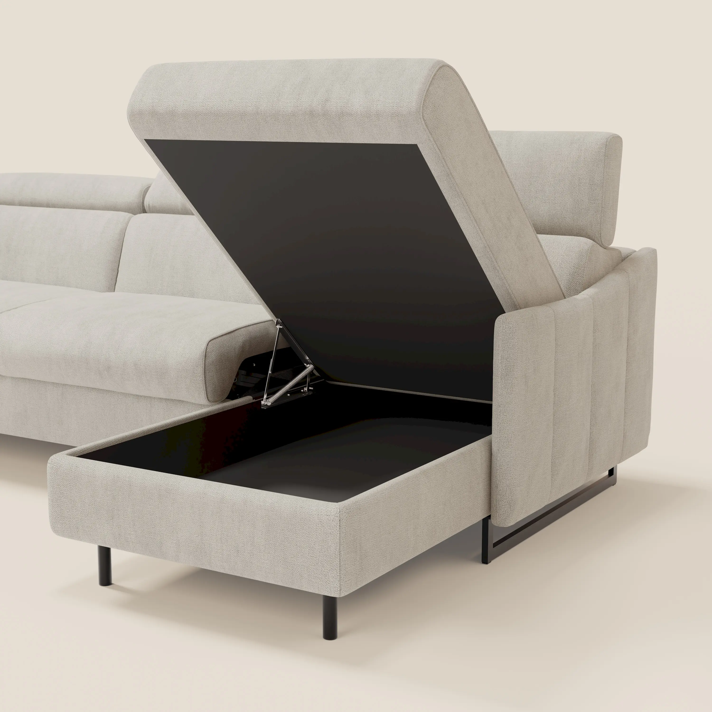 Loto Canapé d'angle convertible avec chaise longue coffre, têtières et matelas H 18 cm en tissu doux imperméable T14 crème - Image 5