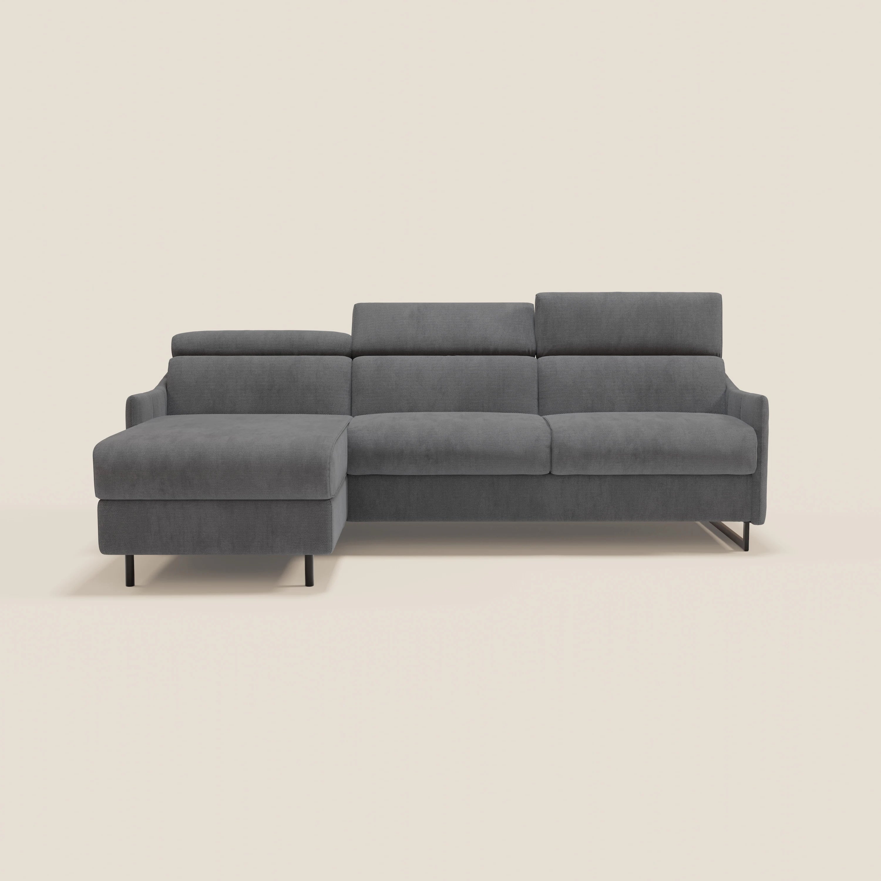Loto Canapé d'angle convertible avec chaise longue coffre, têtières et matelas H 18 cm en tissu doux imperméable T14 gris - Image 12