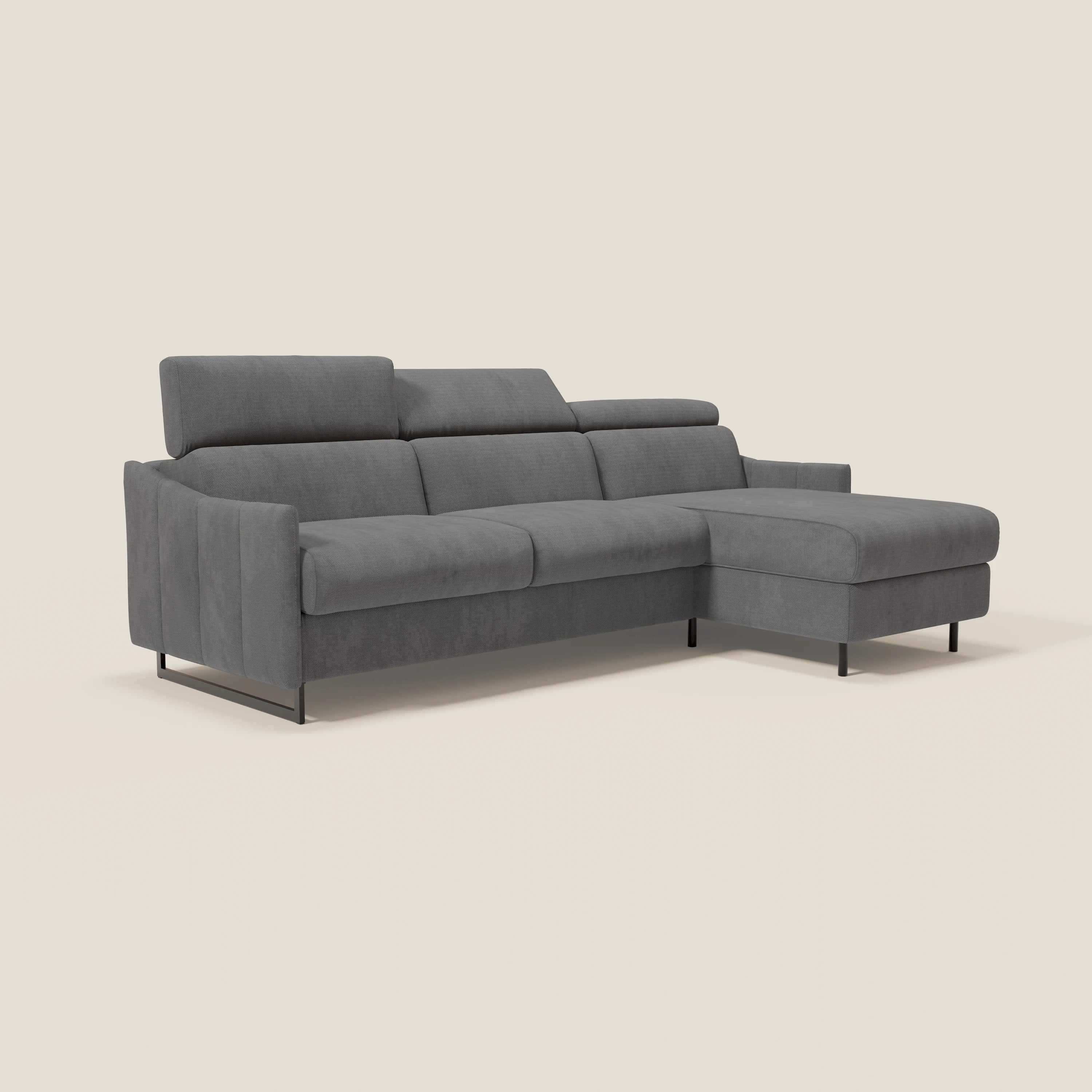 Loto Canapé d'angle convertible avec chaise longue coffre, têtières et matelas H 18 cm en tissu doux imperméable T14 gris - Image 3